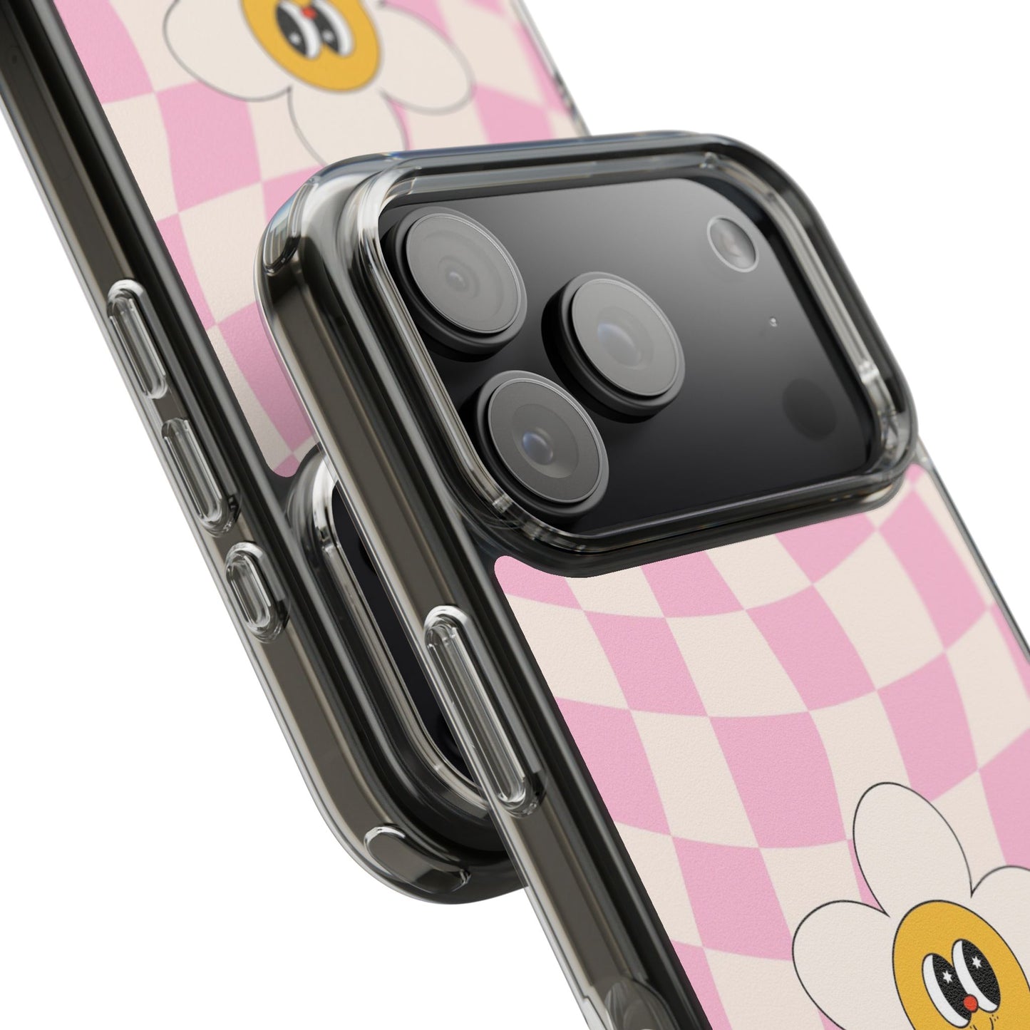 Clear Impact-Resistant Phone Case — Pink Checkerboard Daisy Design