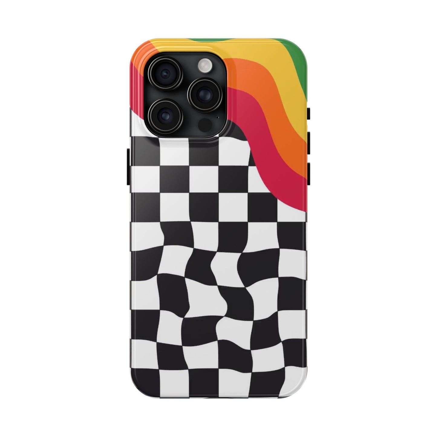 Retro Wavy Checkerboard Tough Phone Case — Rainbow Surf Skate Design