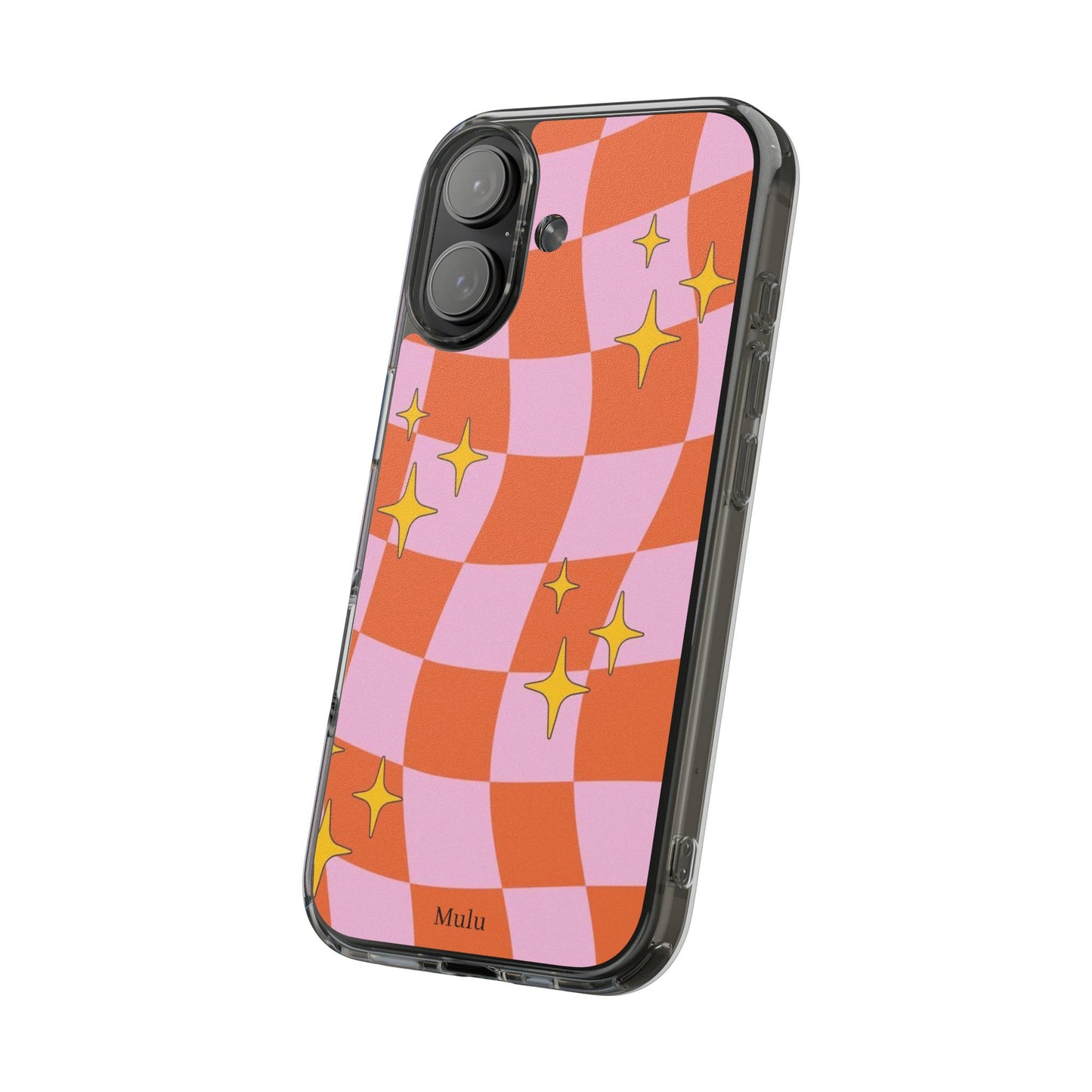 Clear Impact-Resistant Case — Retro Pink & Orange Checker with Sparkle Stars