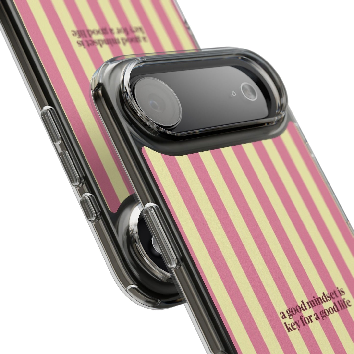 Striped Clear Phone Case — "A Good Mindset Is Key for a Good Life" Motivational iPhone Case