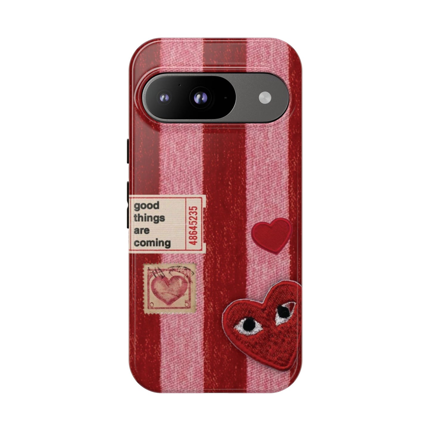 Phone Case — Red Striped Heart Design with “Good Things Are Coming”