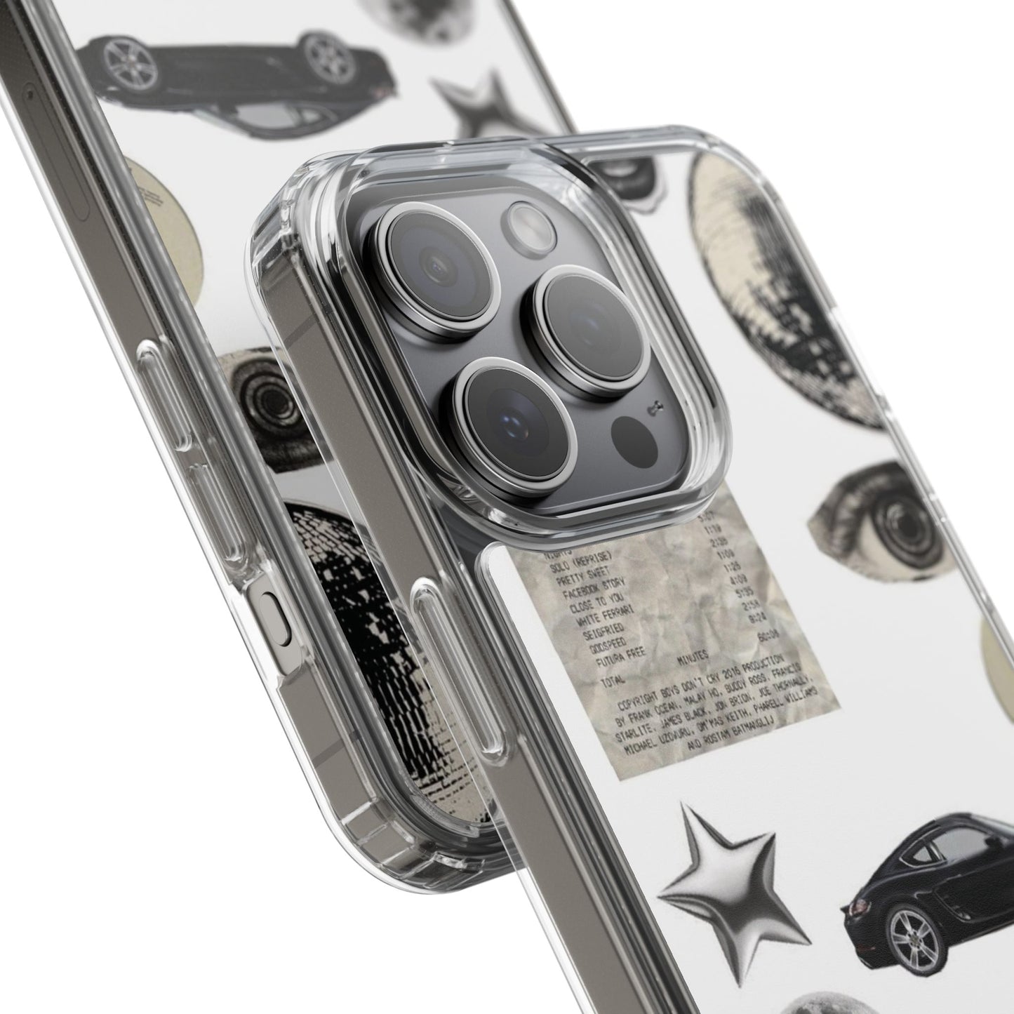Clear Phone Case — Vintage Collage Stickers (Moon, Eye, Car, Cherries)
