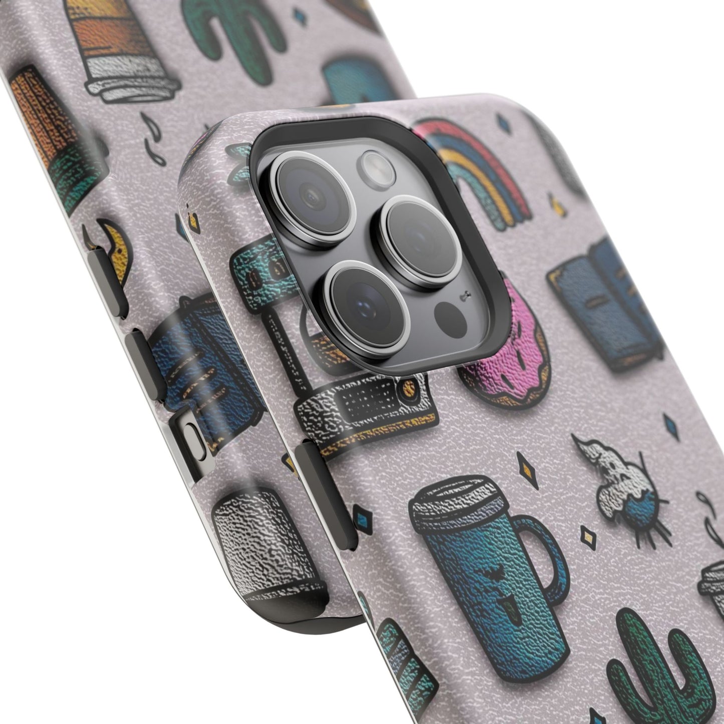 Cute Doodle Phone Case — Magnetic Impact-Resistant Design (coffee, rainbow, cactus)