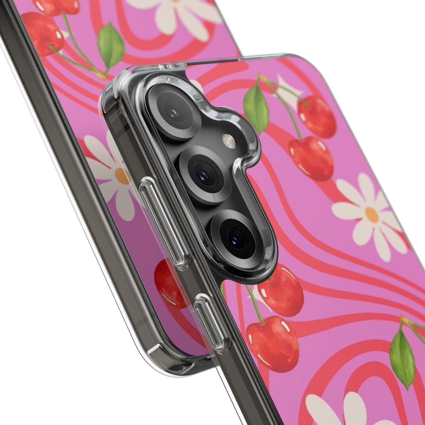 Clear Impact Phone Case — Retro Cherry & Daisy Floral Design