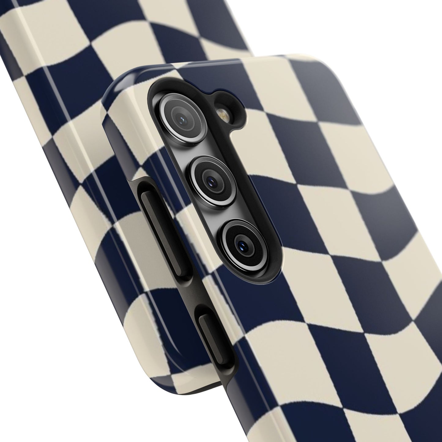 Wavy Checkerboard Tough Phone Case — Navy & Cream Protective Cover