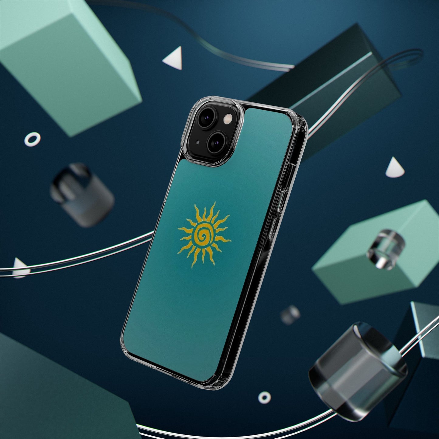 Clear Impact-Resistant Phone Case — Yellow Sun on Teal Gradient