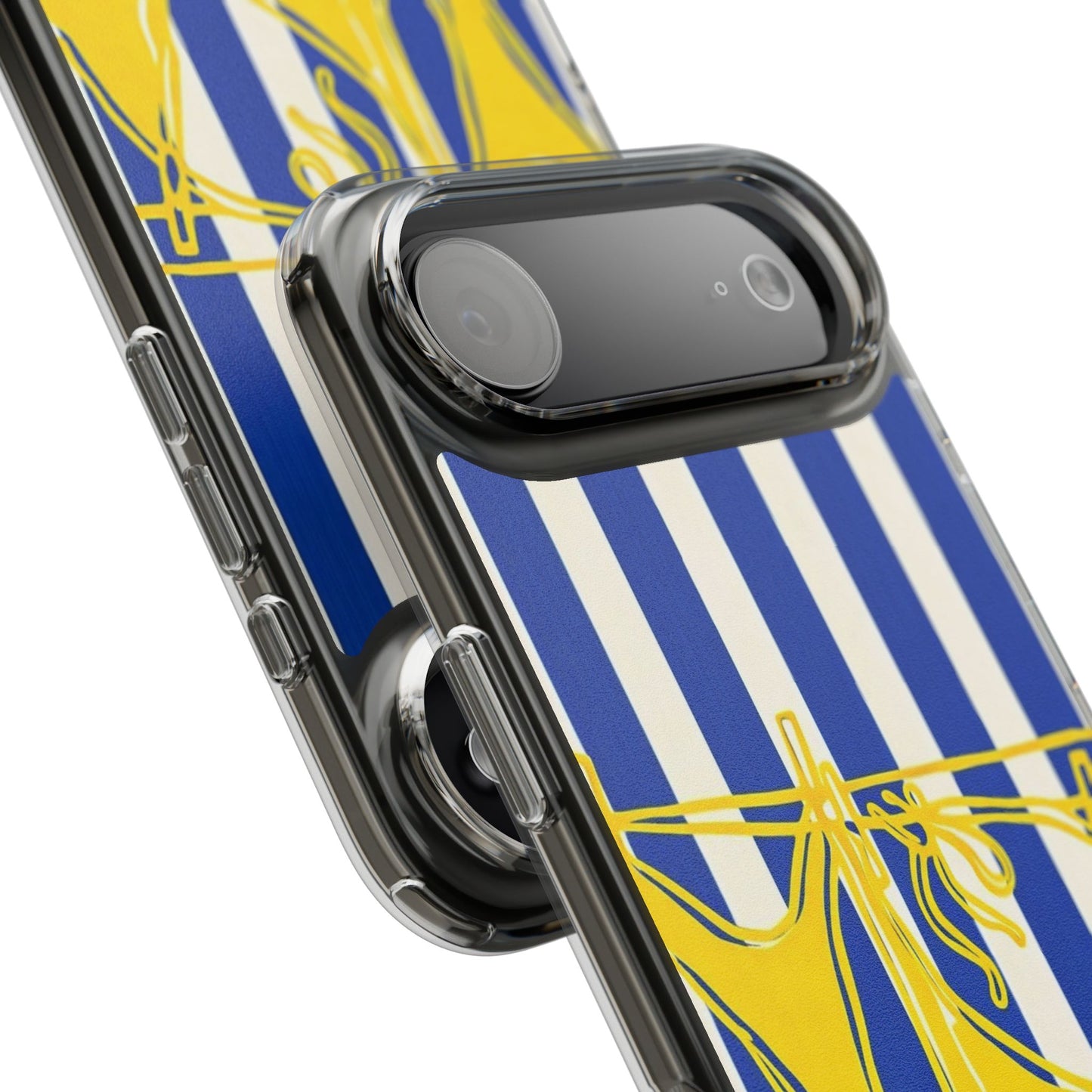 Striped Beach Bikini Phone Case — Yellow Swimwear on Blue & White Stripes, Clear Impact-Resistant