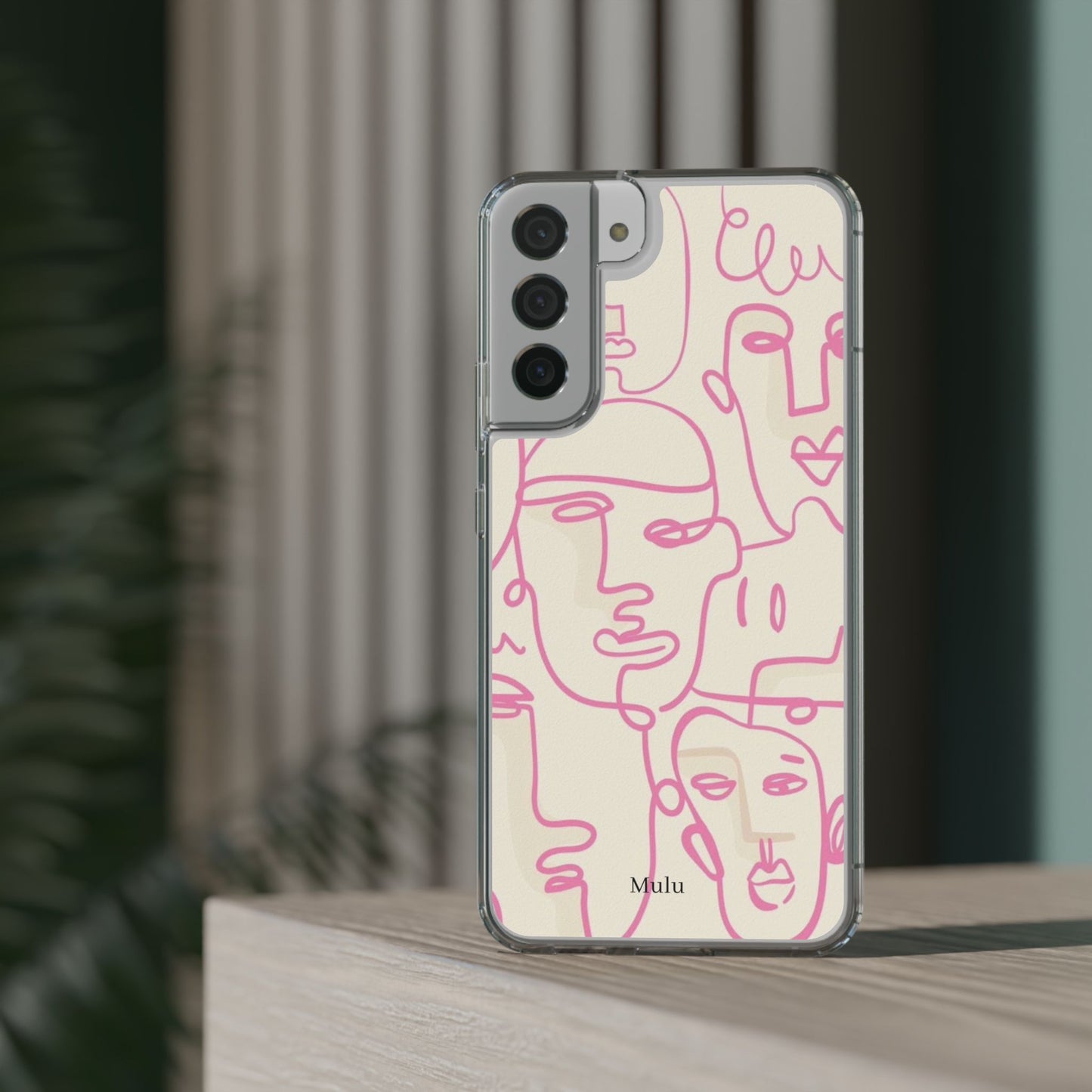 Clear Impact-Resistant Phone Case — Pink Minimalist Line Faces Design