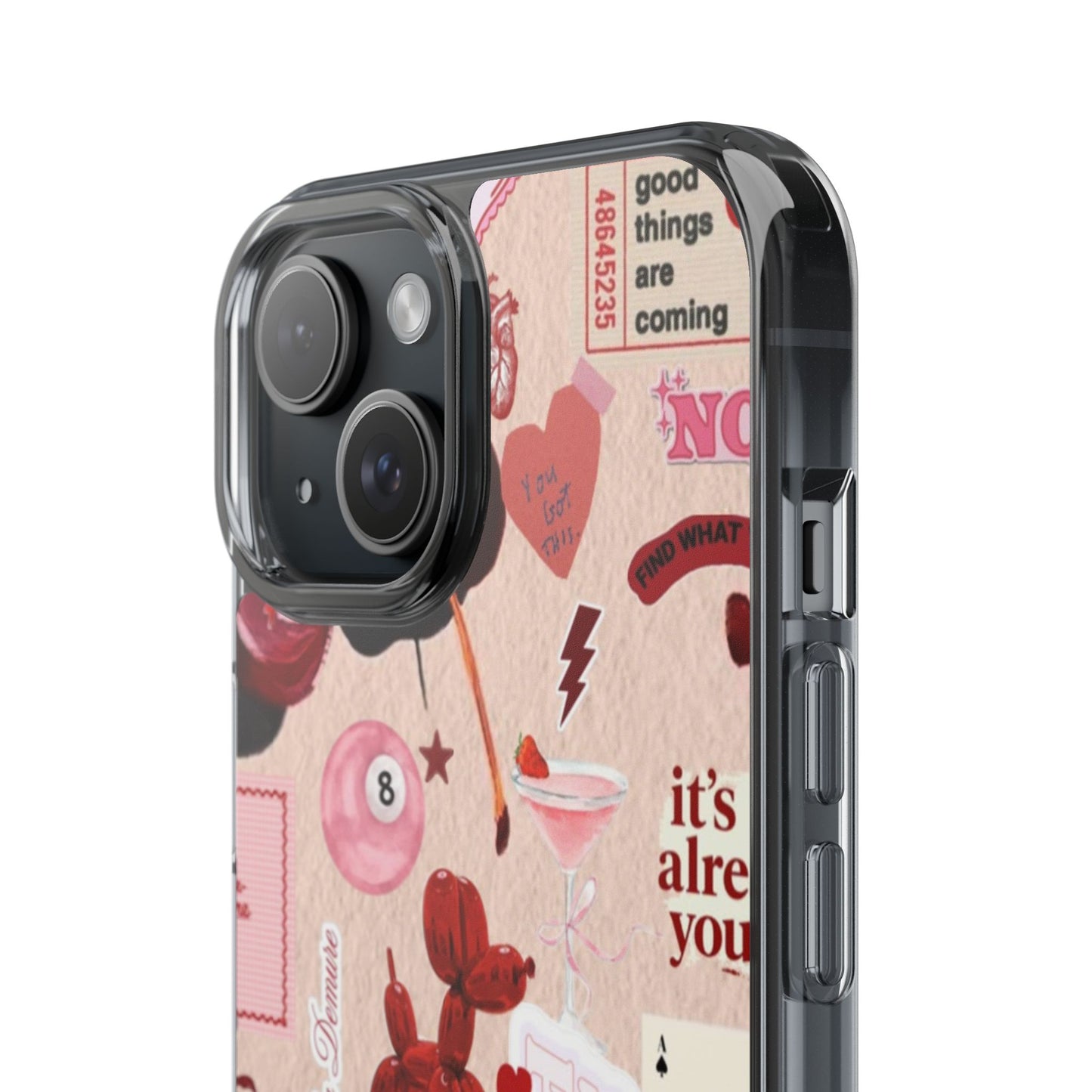 Clear Impact-Resistant Phone Case — Retro Cherry & Sticker Collage