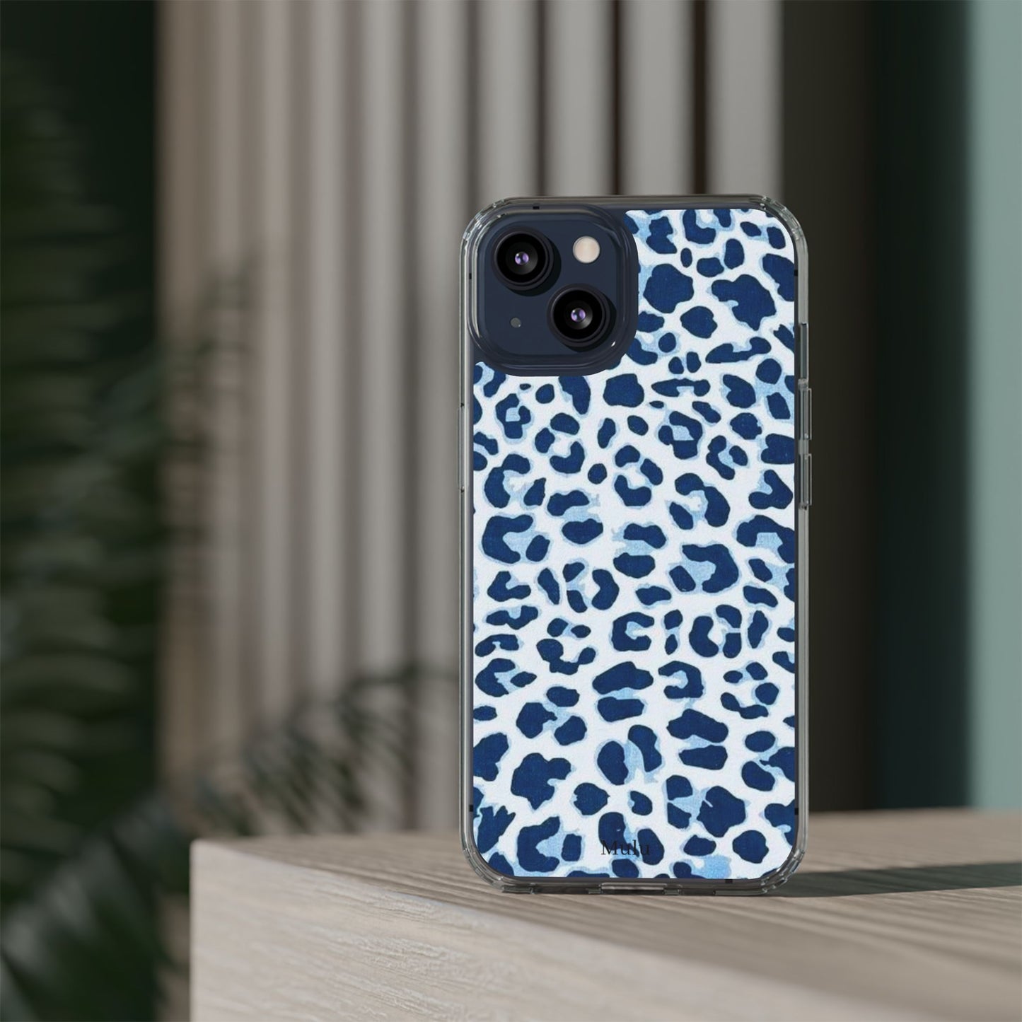 Clear Impact-Resistant Phone Case — Blue Watercolor Leopard Print