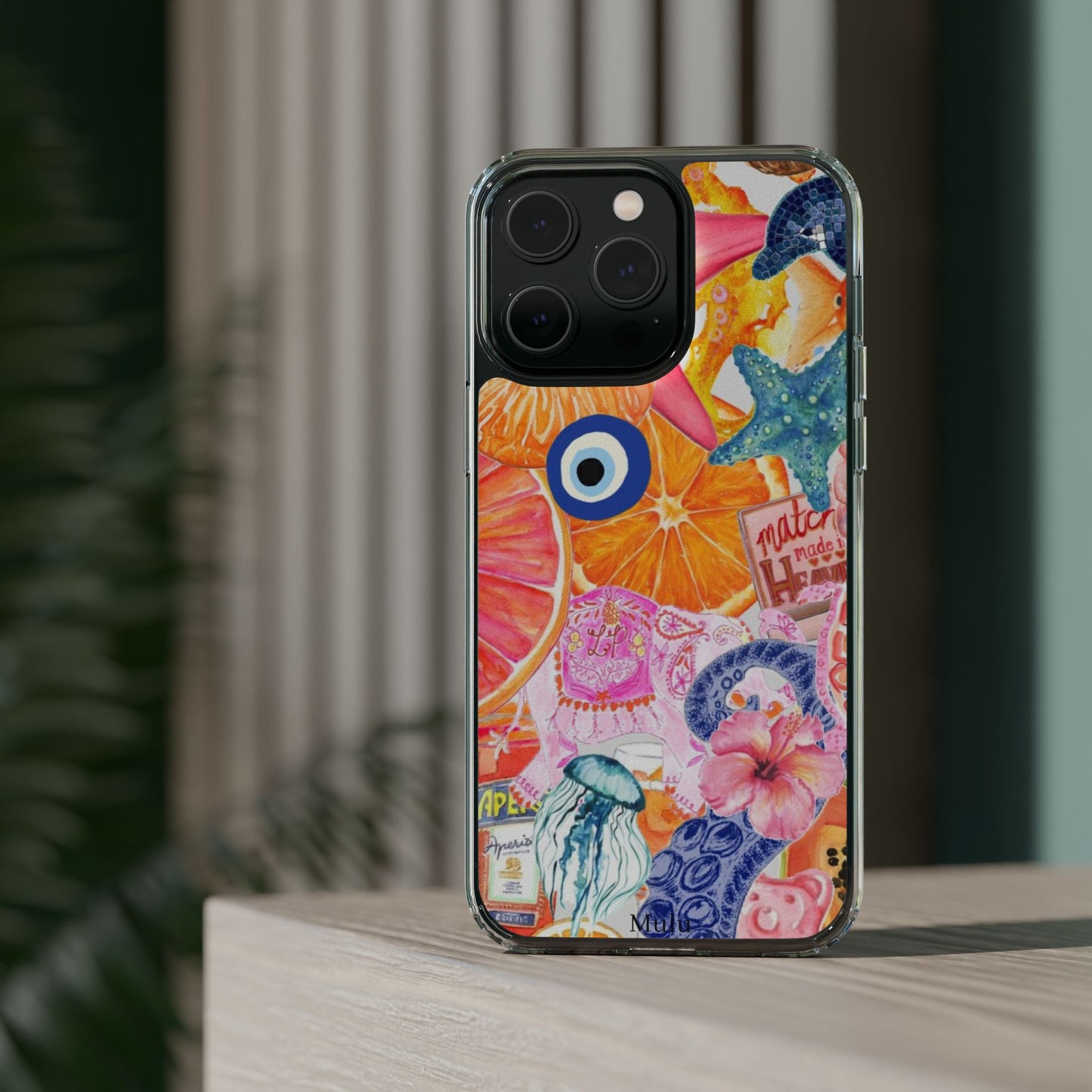 Clear Impact-Resistant Phone Case — Colorful Tropical Collage Design