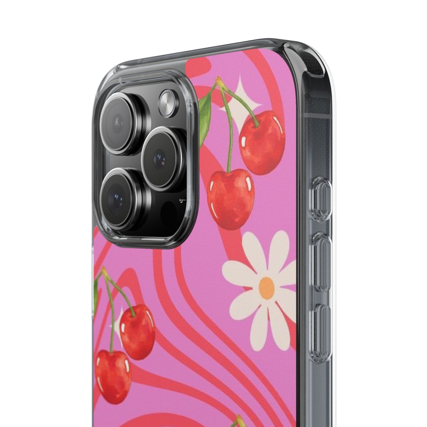 Clear Impact Phone Case — Retro Cherry & Daisy Floral Design