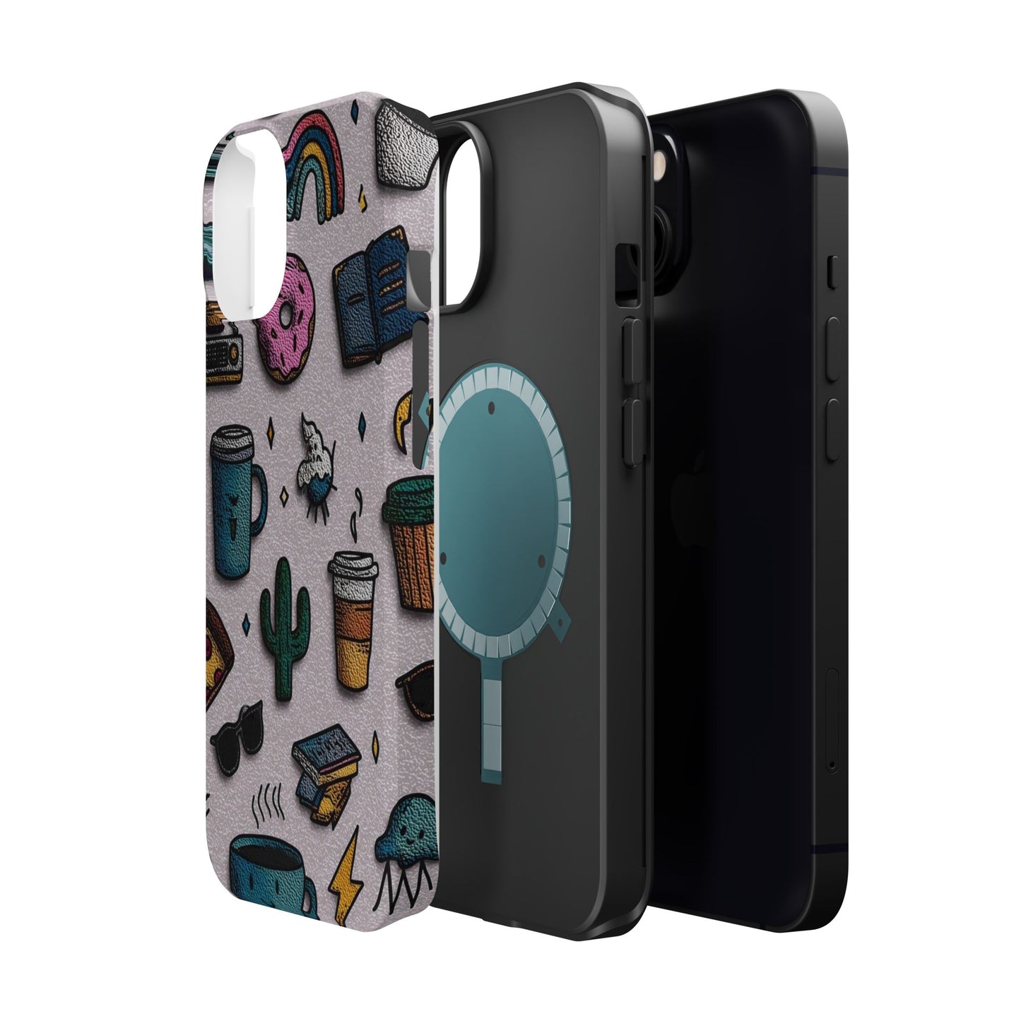 Cute Doodle Phone Case — Magnetic Impact-Resistant Design (coffee, rainbow, cactus)