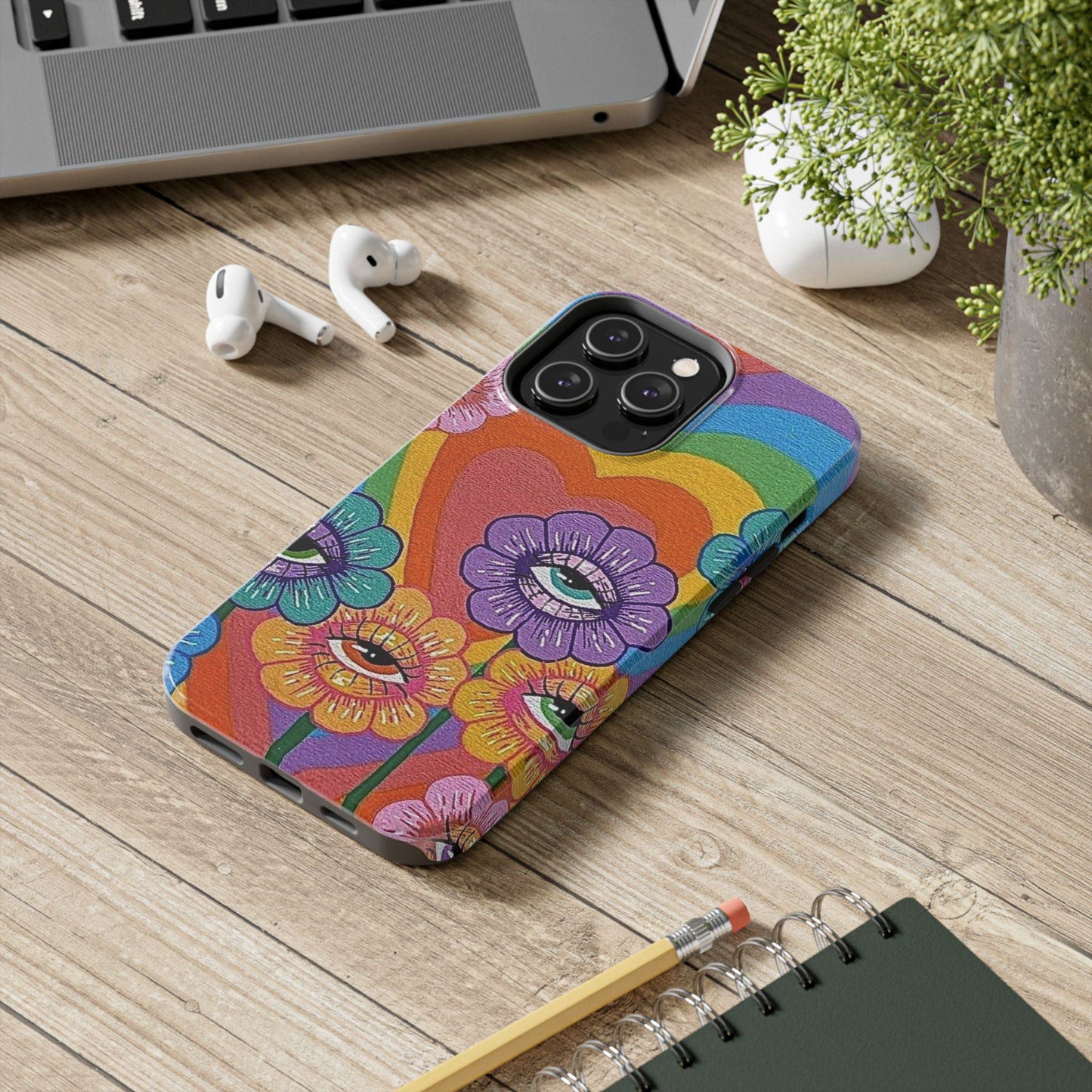 Psychedelic Eye Flower Tough Phone Case — Retro Rainbow Protective iPhone Cover