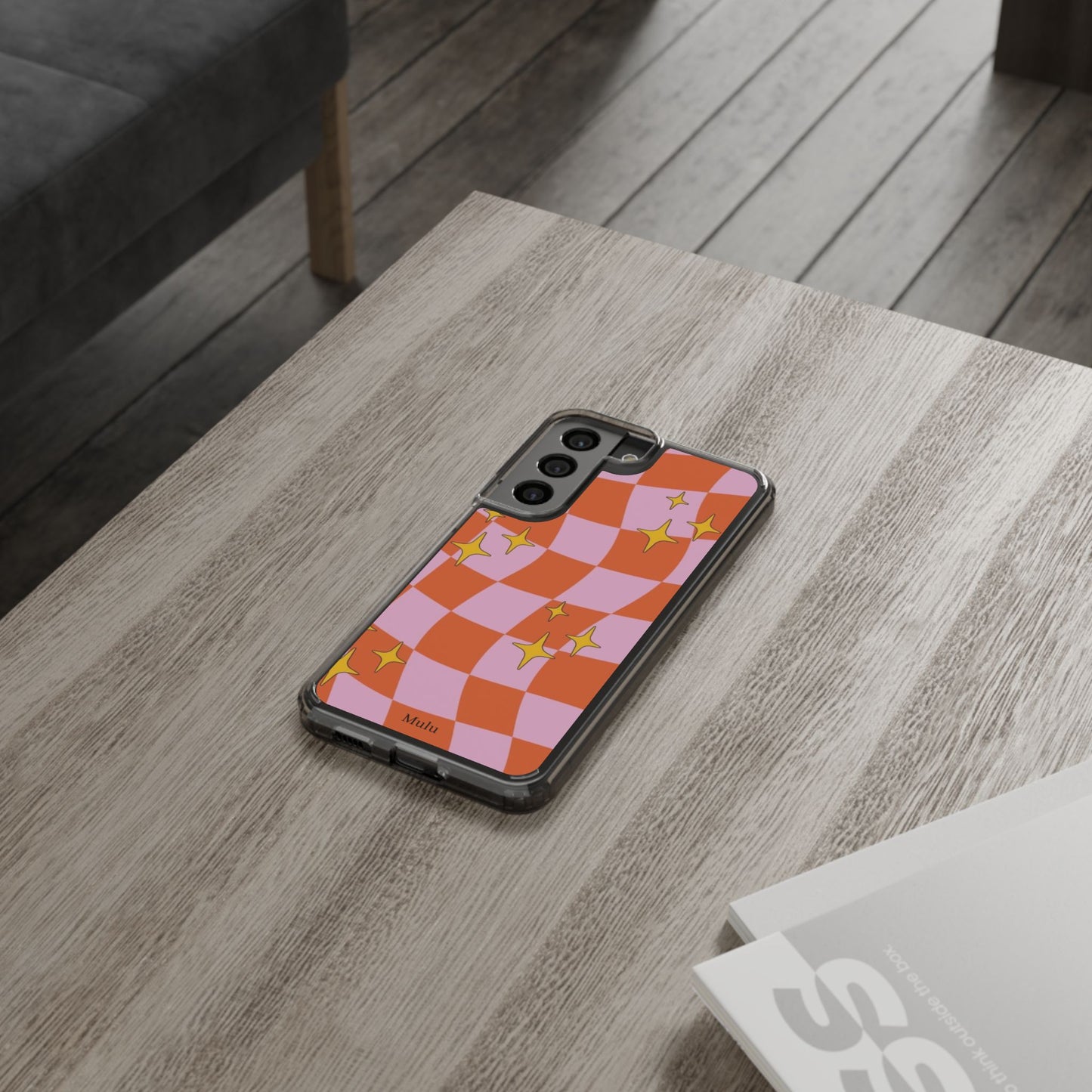 Clear Impact-Resistant Case — Retro Pink & Orange Checker with Sparkle Stars