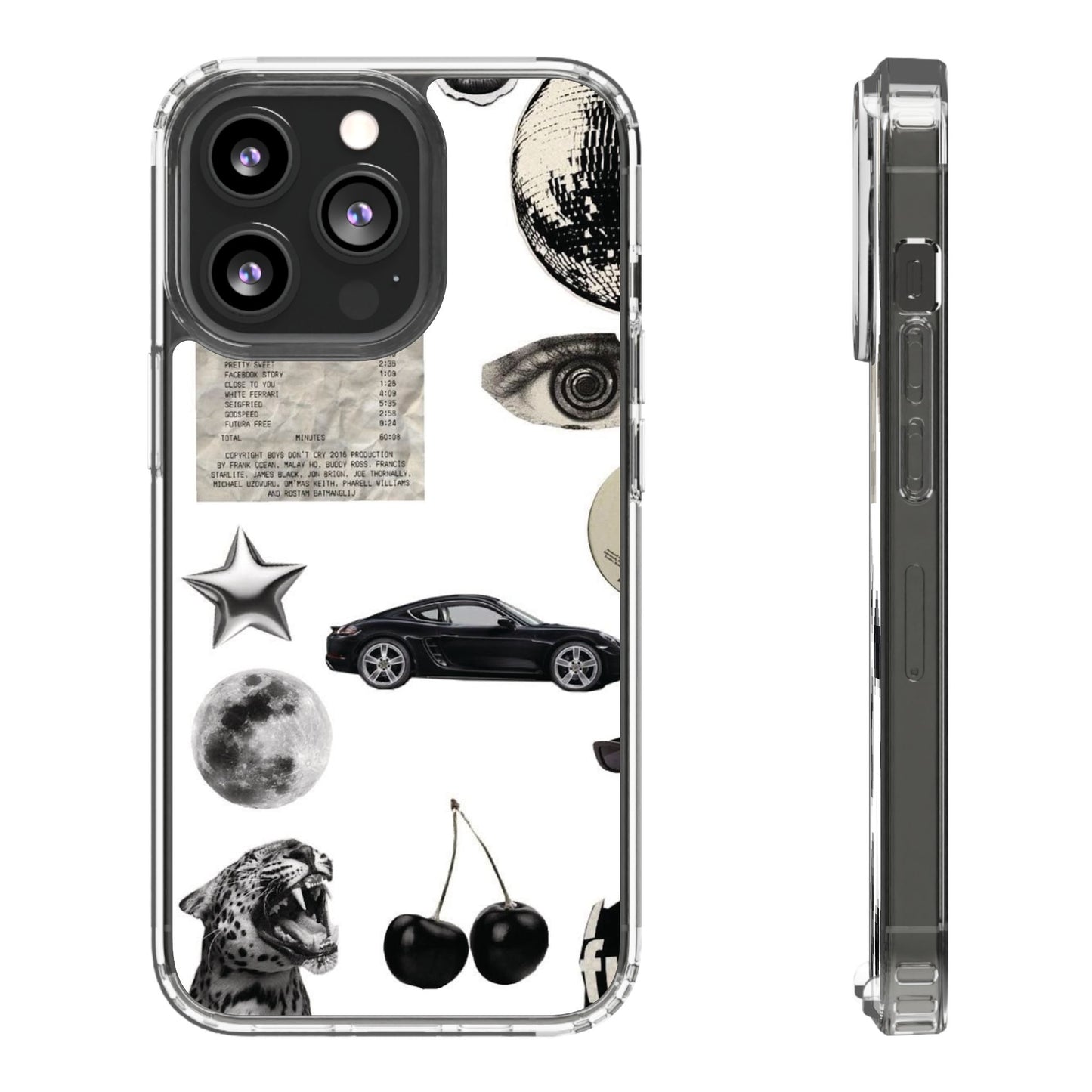 Clear Phone Case — Vintage Collage Stickers (Moon, Eye, Car, Cherries)