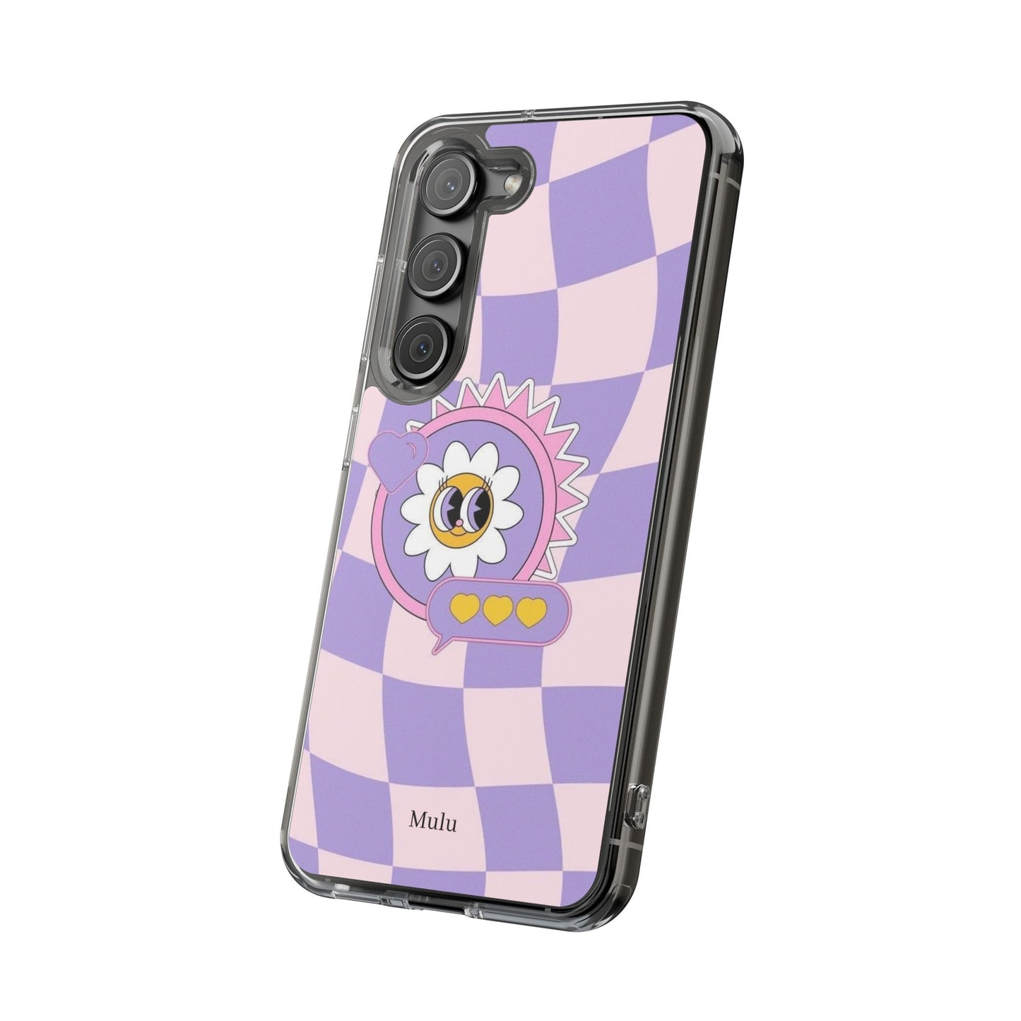 Clear Impact-Resistant Case — Cute Purple Checkerboard Dino with 'Mulu'