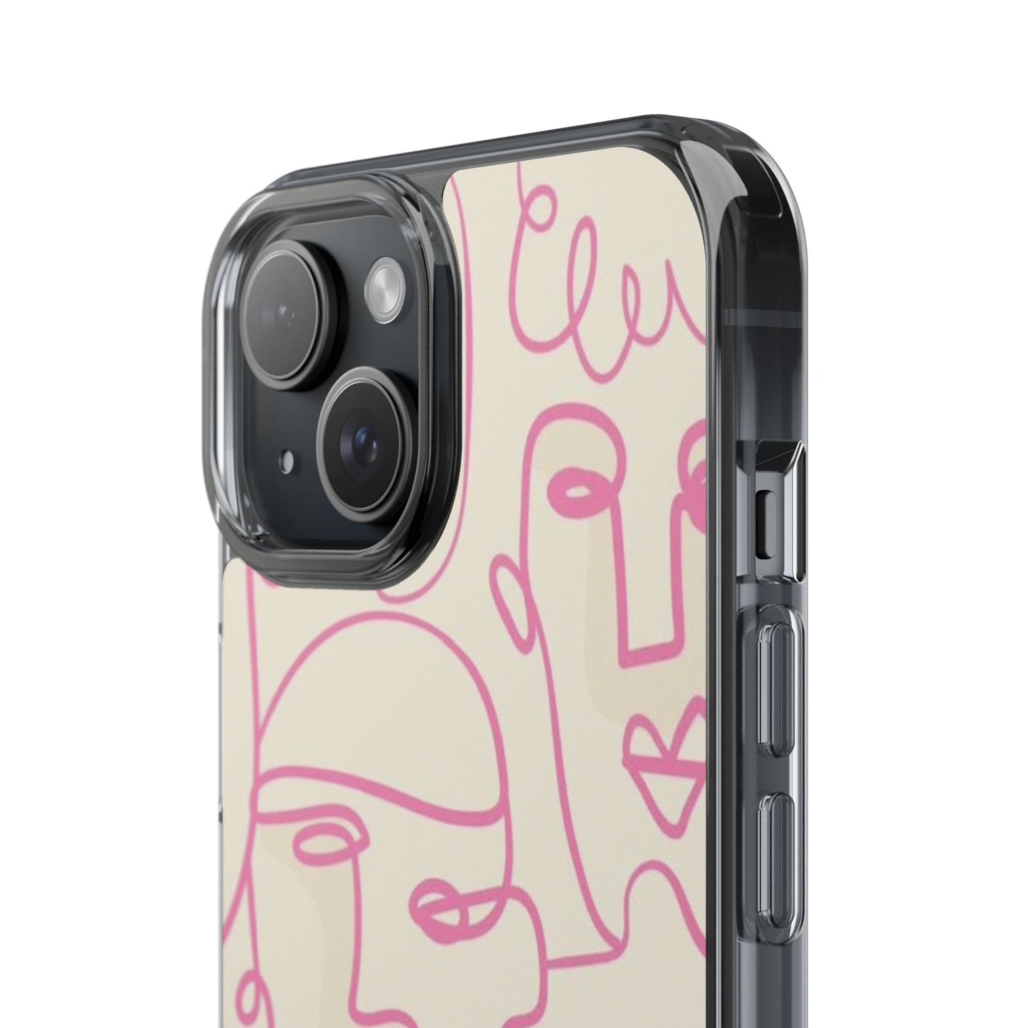 Clear Impact-Resistant Phone Case — Pink Minimalist Line Faces Design