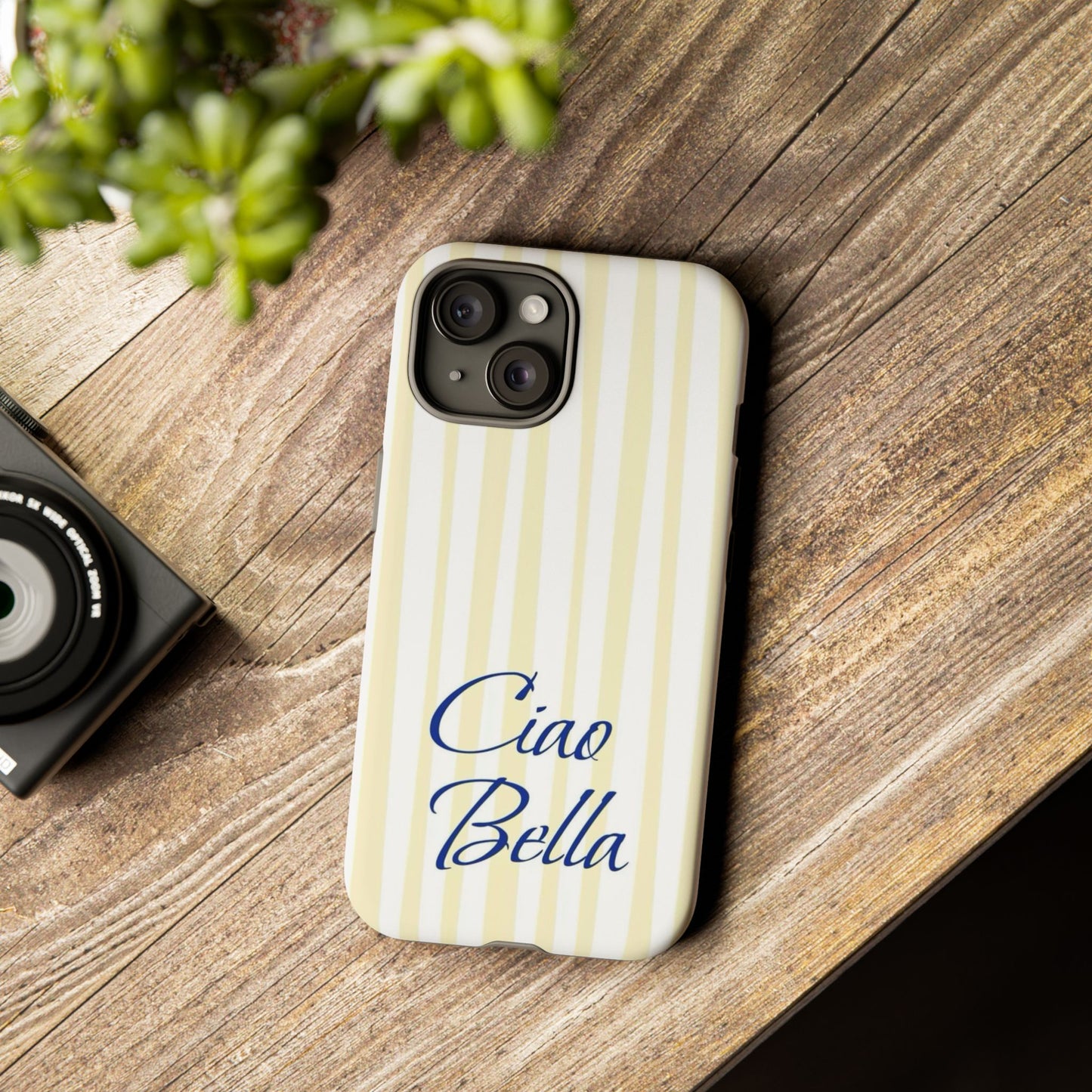 Ciao Bella Phone Case – Striped Elegant Italian Script Protective Cover