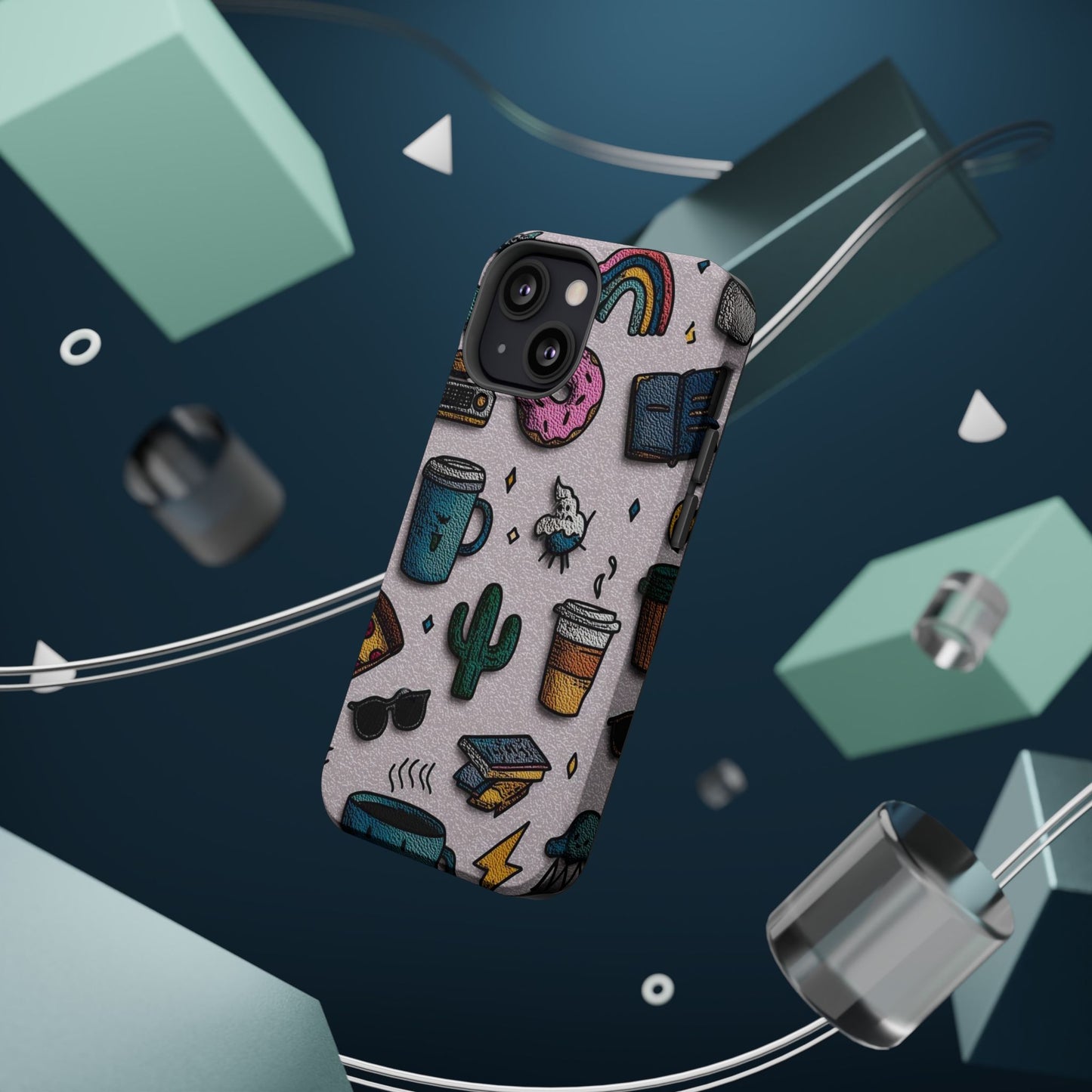 Cute Doodle Phone Case — Magnetic Impact-Resistant Design (coffee, rainbow, cactus)