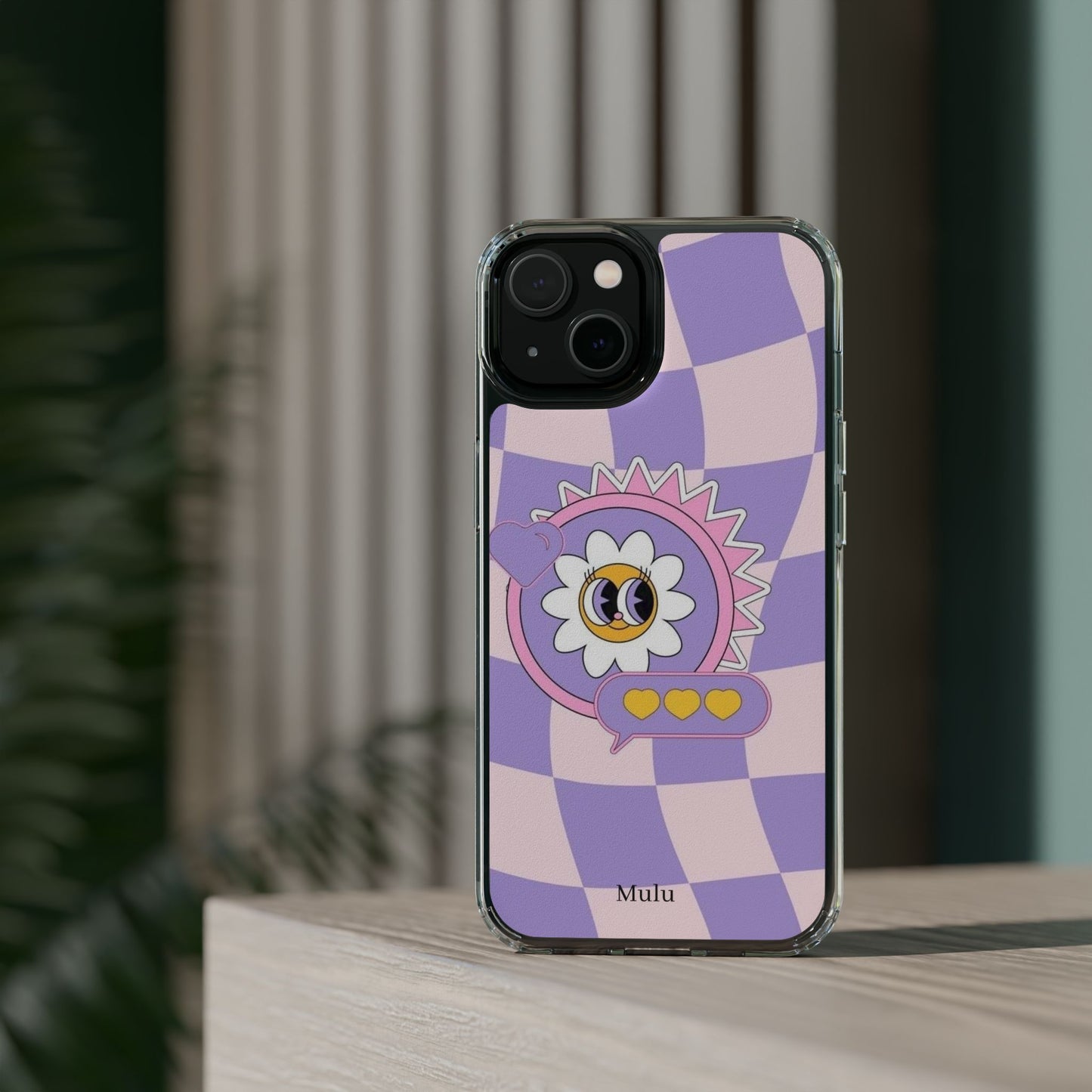 Clear Impact-Resistant Case — Cute Purple Checkerboard Dino with 'Mulu'