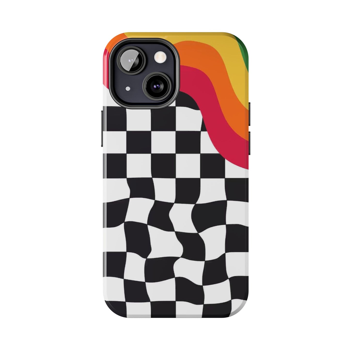 Retro Wavy Checkerboard Tough Phone Case — Rainbow Surf Skate Design
