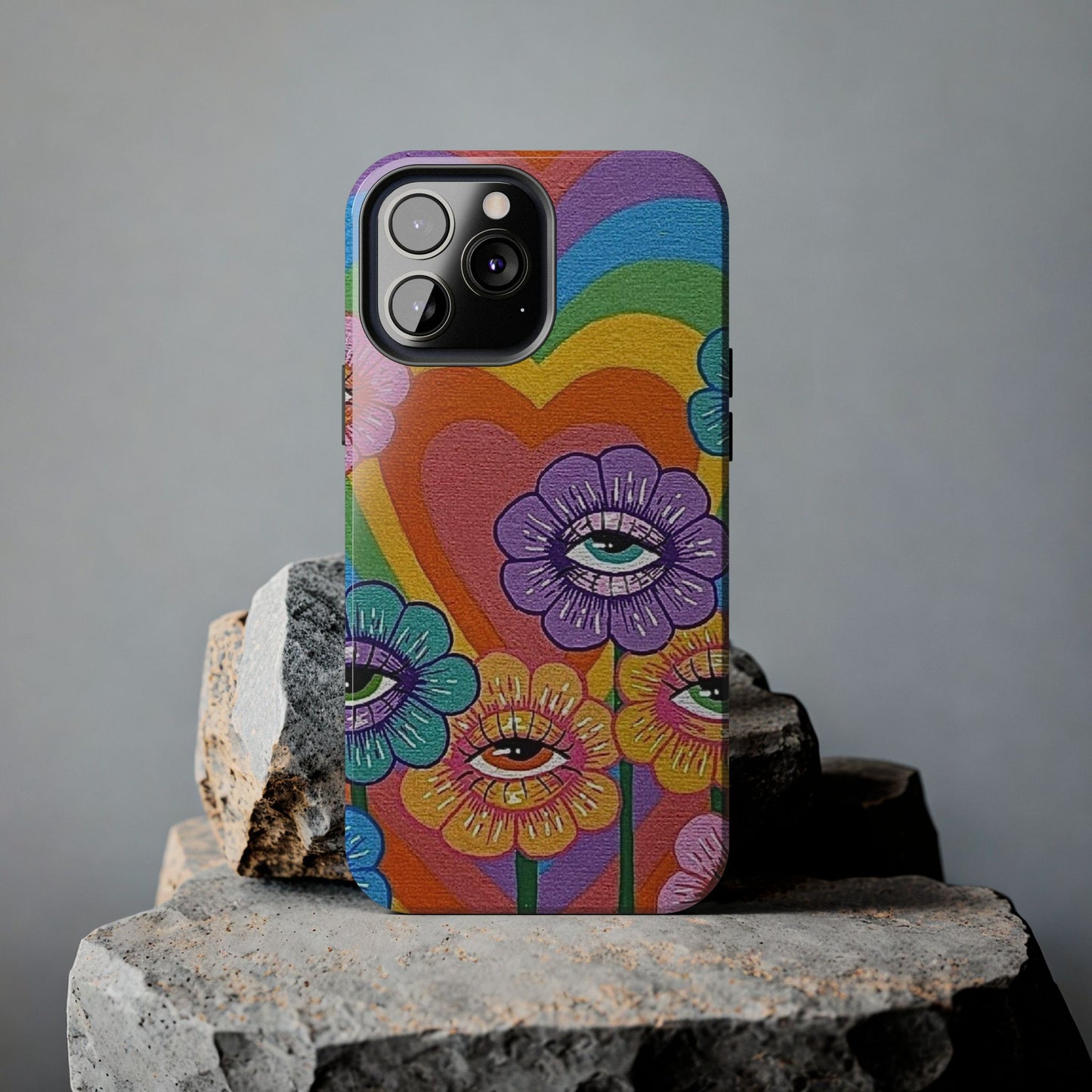 Psychedelic Eye Flower Tough Phone Case — Retro Rainbow Protective iPhone Cover