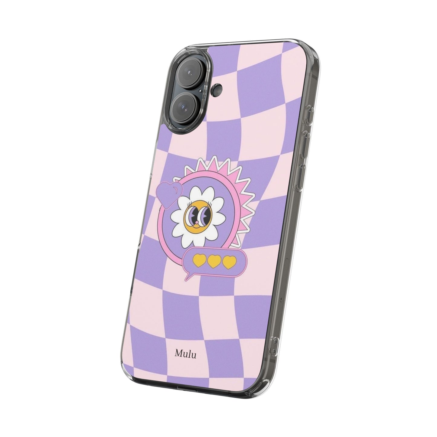 Clear Impact-Resistant Case — Cute Purple Checkerboard Dino with 'Mulu'