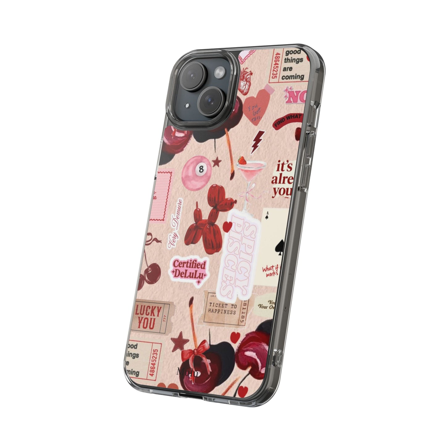 Clear Impact-Resistant Phone Case — Retro Cherry & Sticker Collage