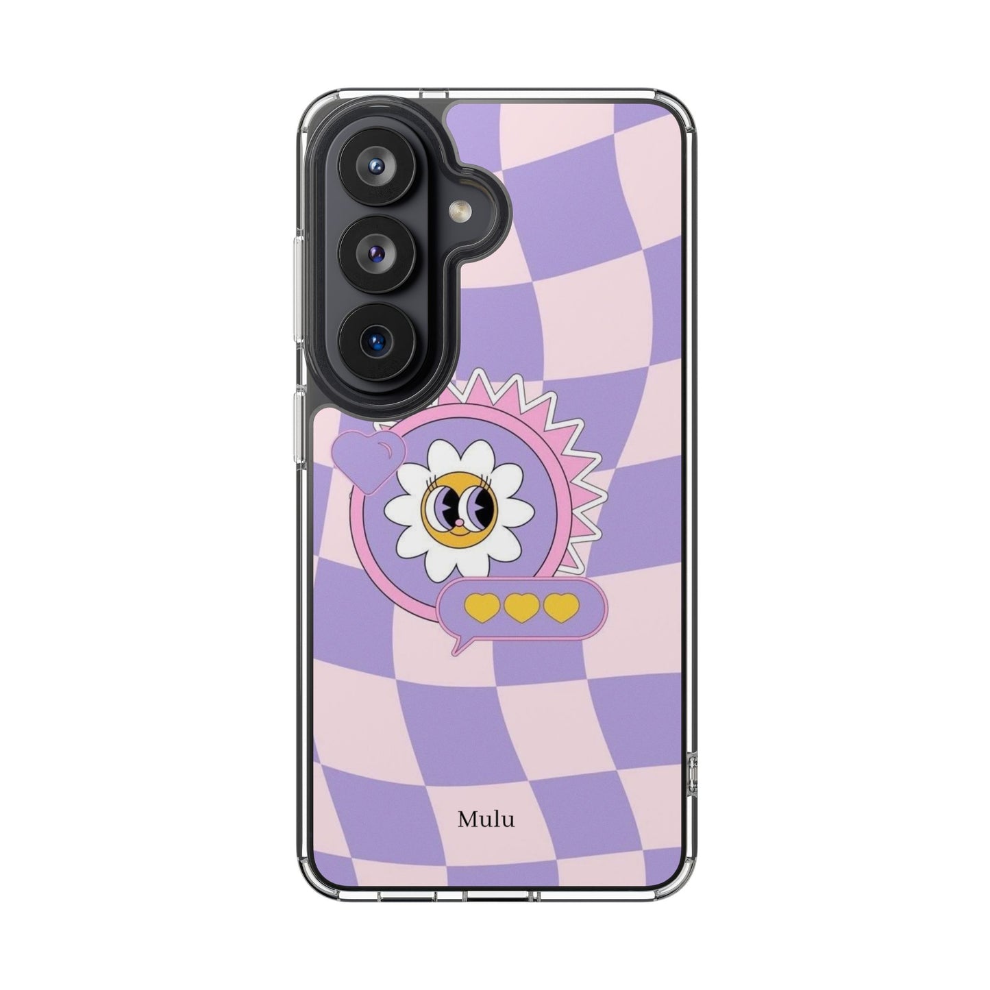 Clear Impact-Resistant Case — Cute Purple Checkerboard Dino with 'Mulu'