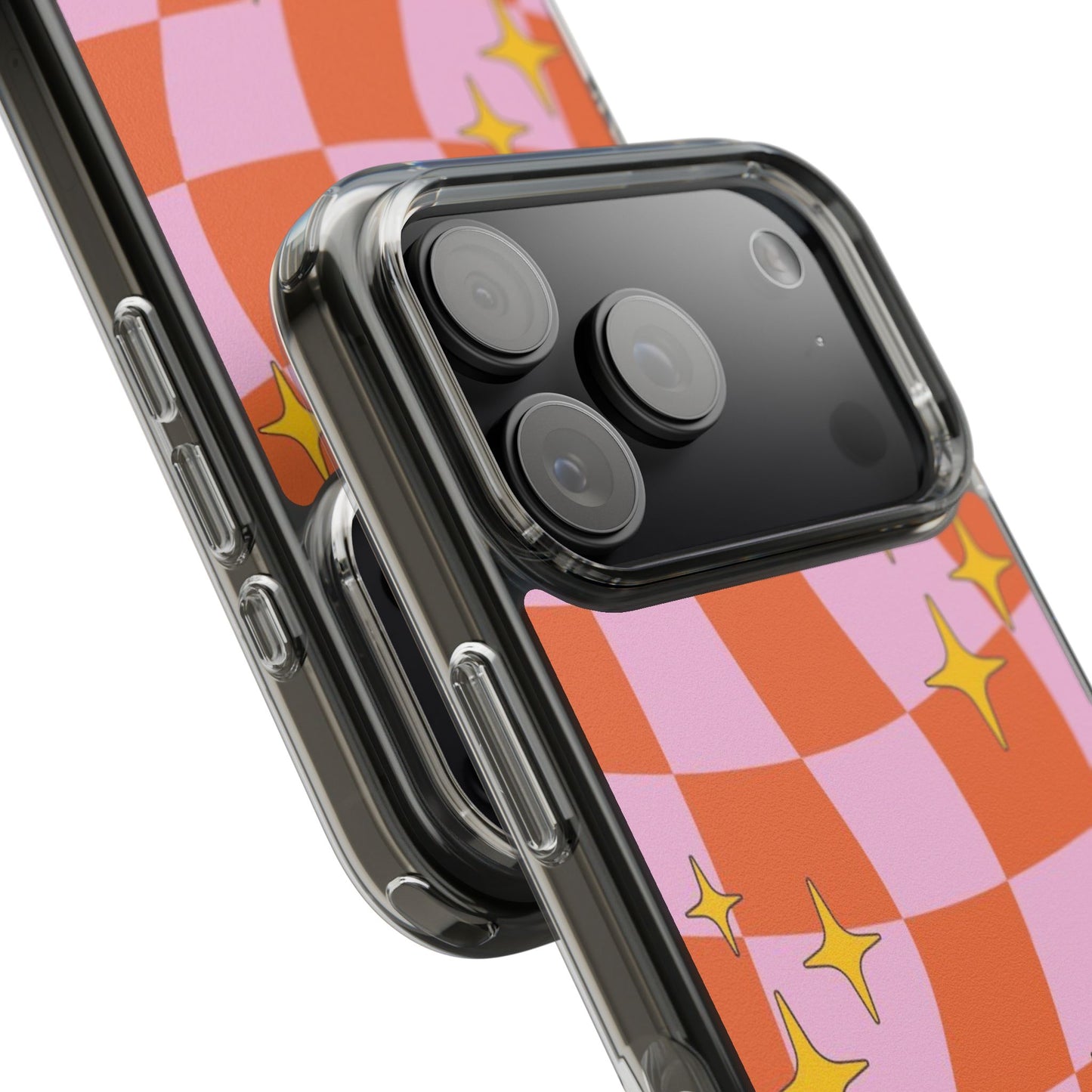 Clear Impact-Resistant Case — Retro Pink & Orange Checker with Sparkle Stars
