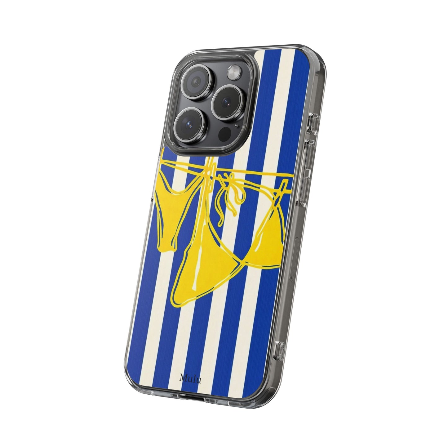 Striped Beach Bikini Phone Case — Yellow Swimwear on Blue & White Stripes, Clear Impact-Resistant