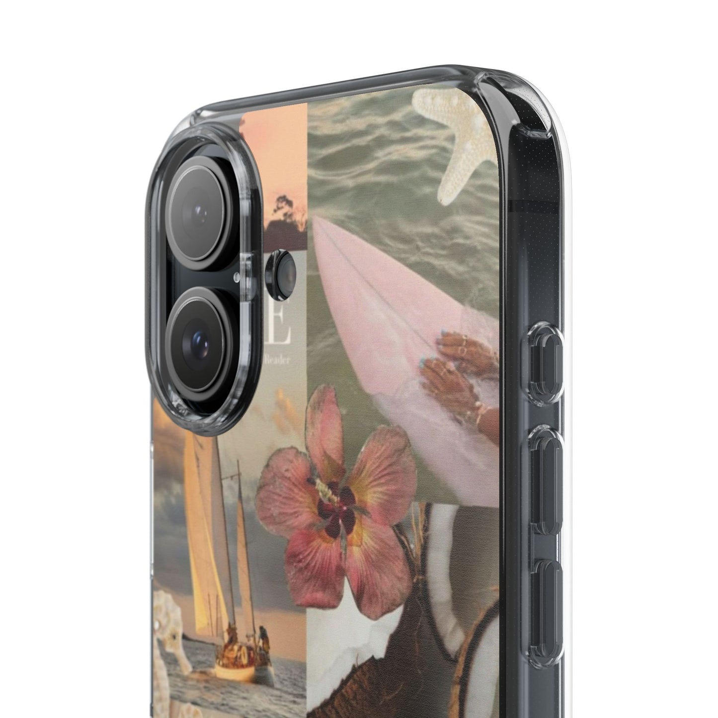Clear Phone Case — Coastal Collage Shells & Surf Design