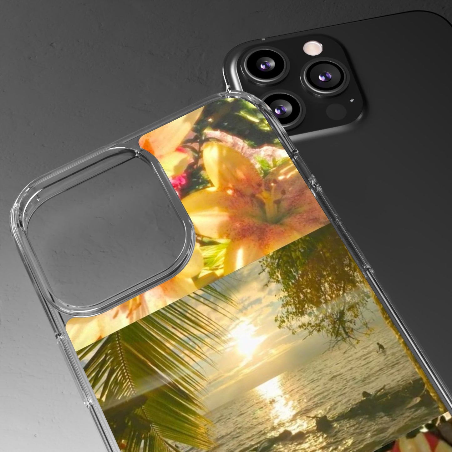 Tropical Sunset Phone Case — Floral Surfboard Clear iPhone Case