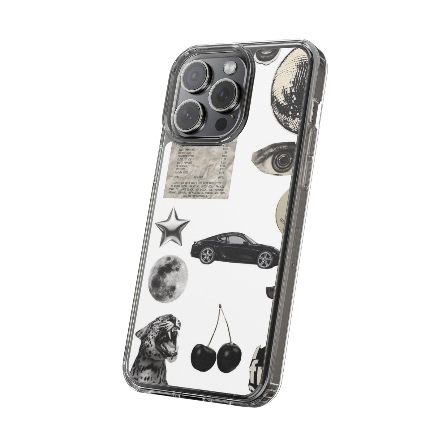 Clear Phone Case — Vintage Collage Stickers (Moon, Eye, Car, Cherries)