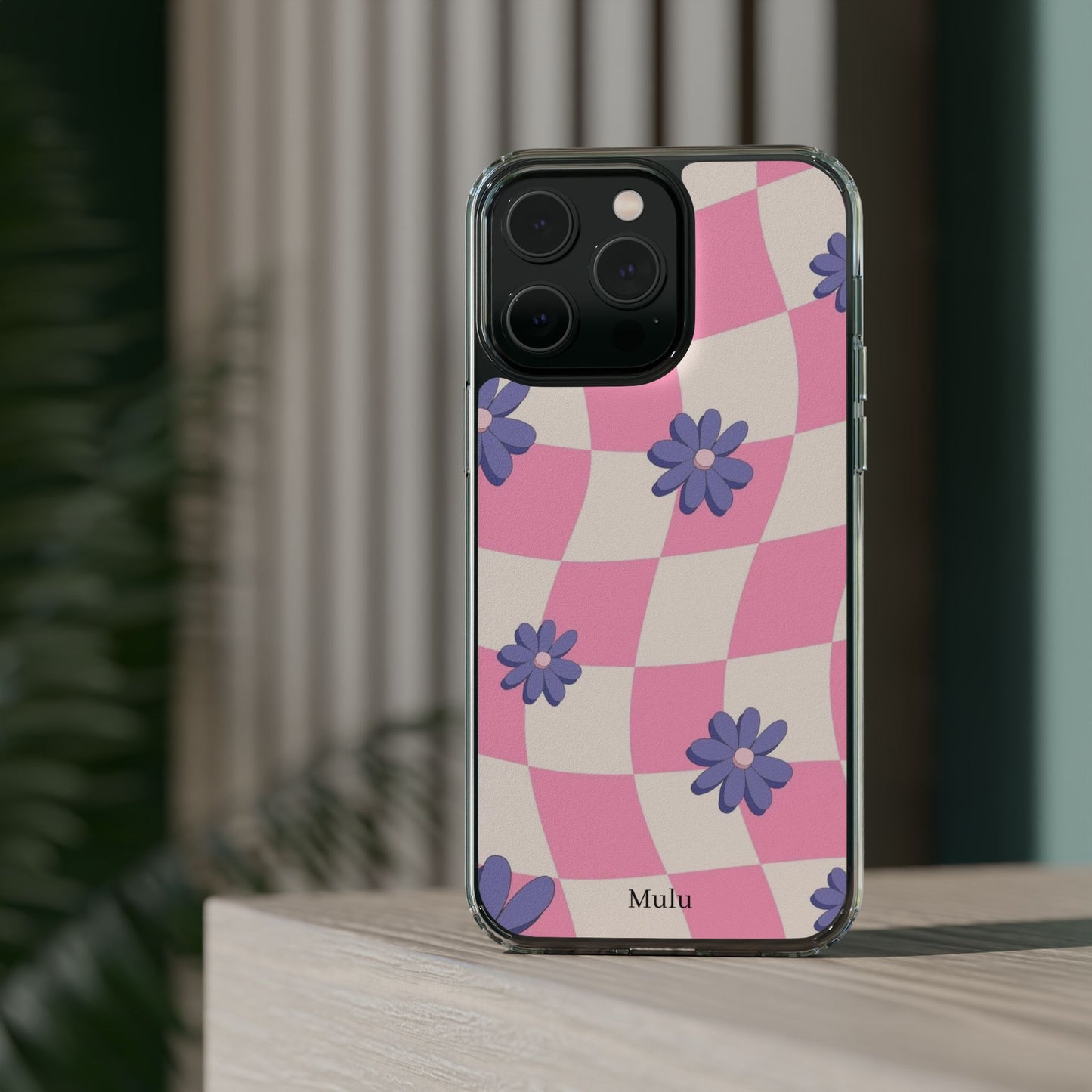 Clear Impact Phone Case — Pink Checkerboard with Purple Flowers