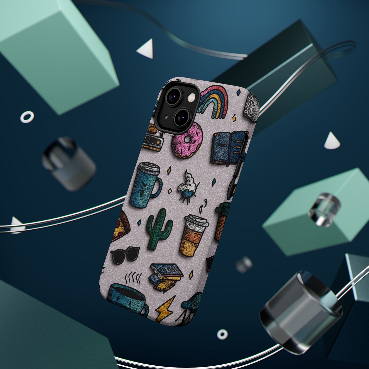 Cute Doodle Phone Case — Magnetic Impact-Resistant Design (coffee, rainbow, cactus)