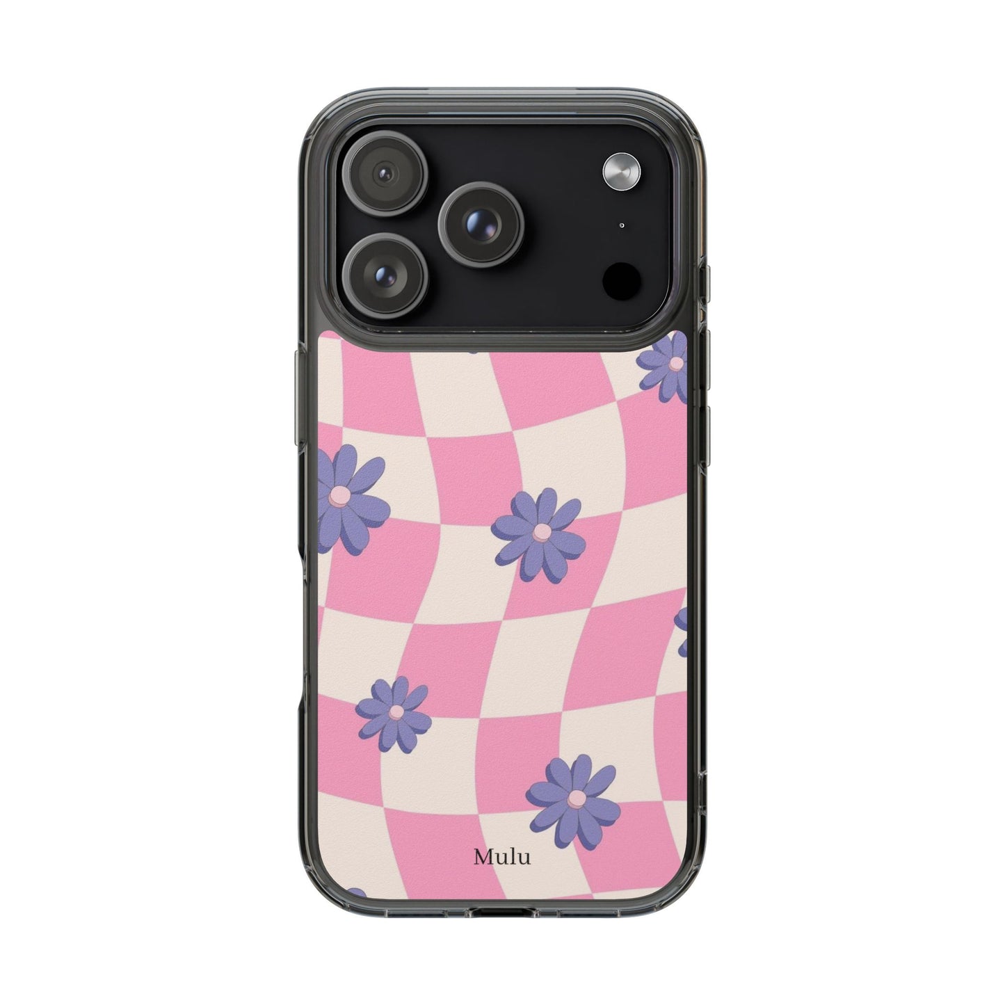 Clear Impact Phone Case — Pink Checkerboard with Purple Flowers