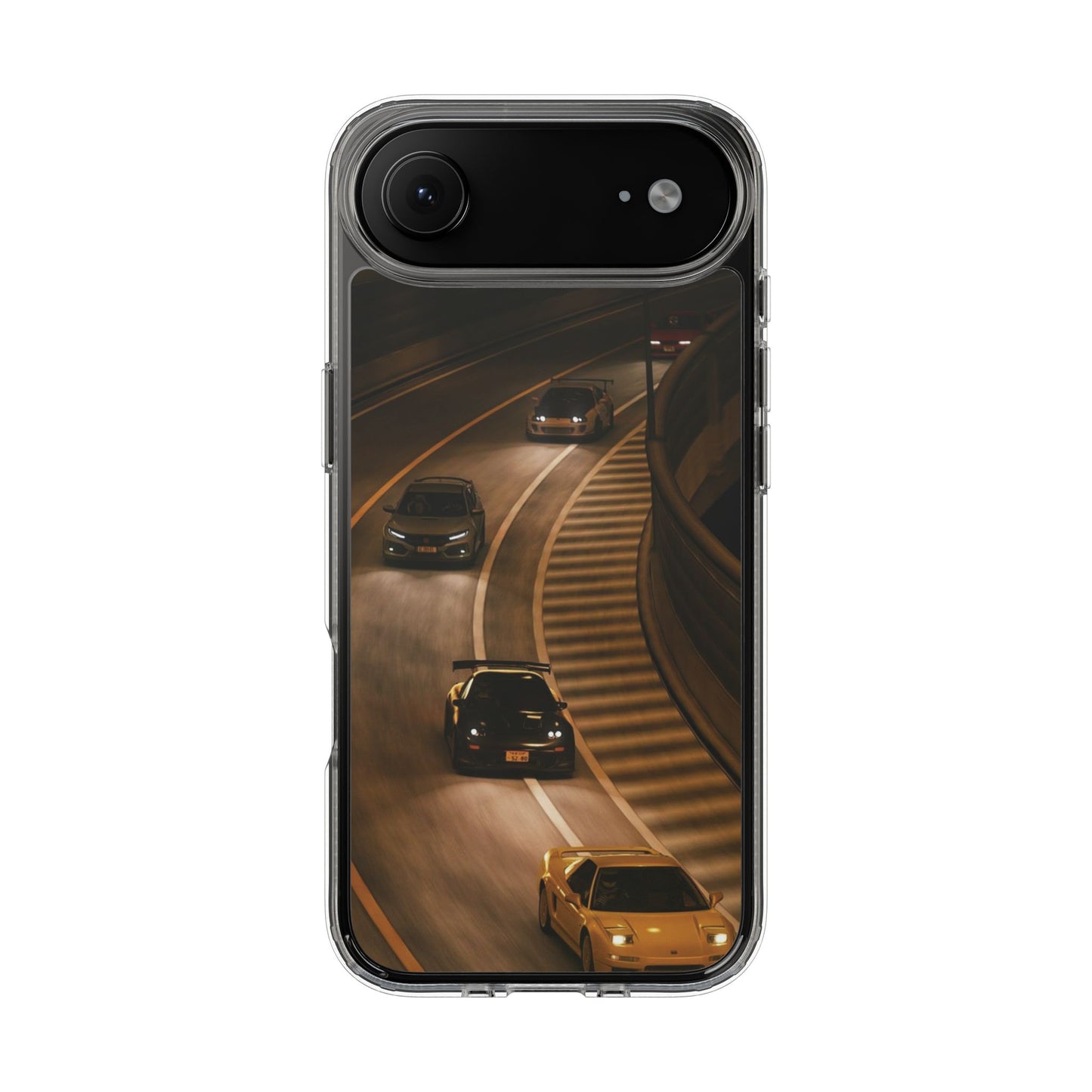 Racing Night Clear Phone Case – Sports Cars on Curved Highway