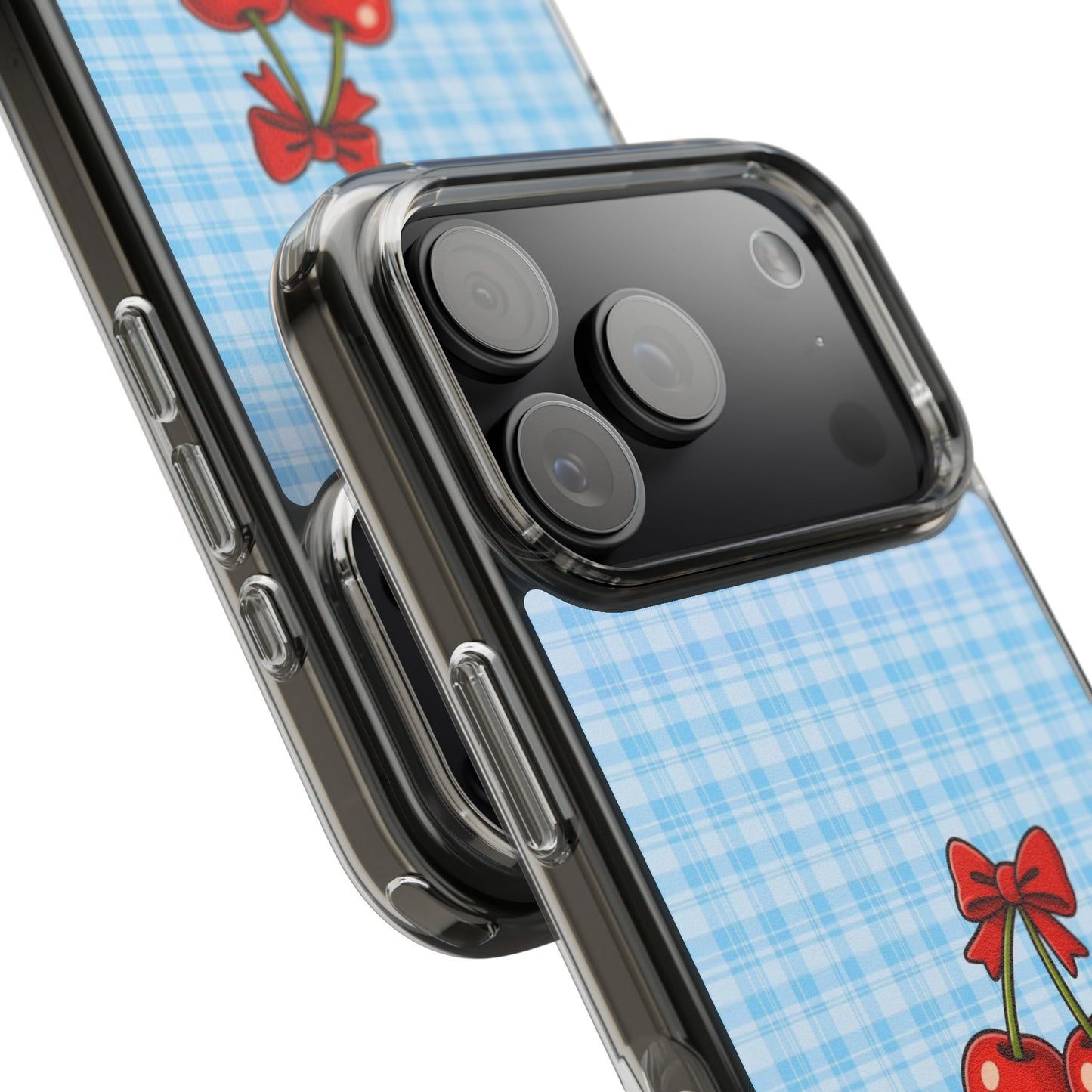 Clear Cherry Gingham Phone Case — Impact-Resistant Clear Case with Red Cherry Design