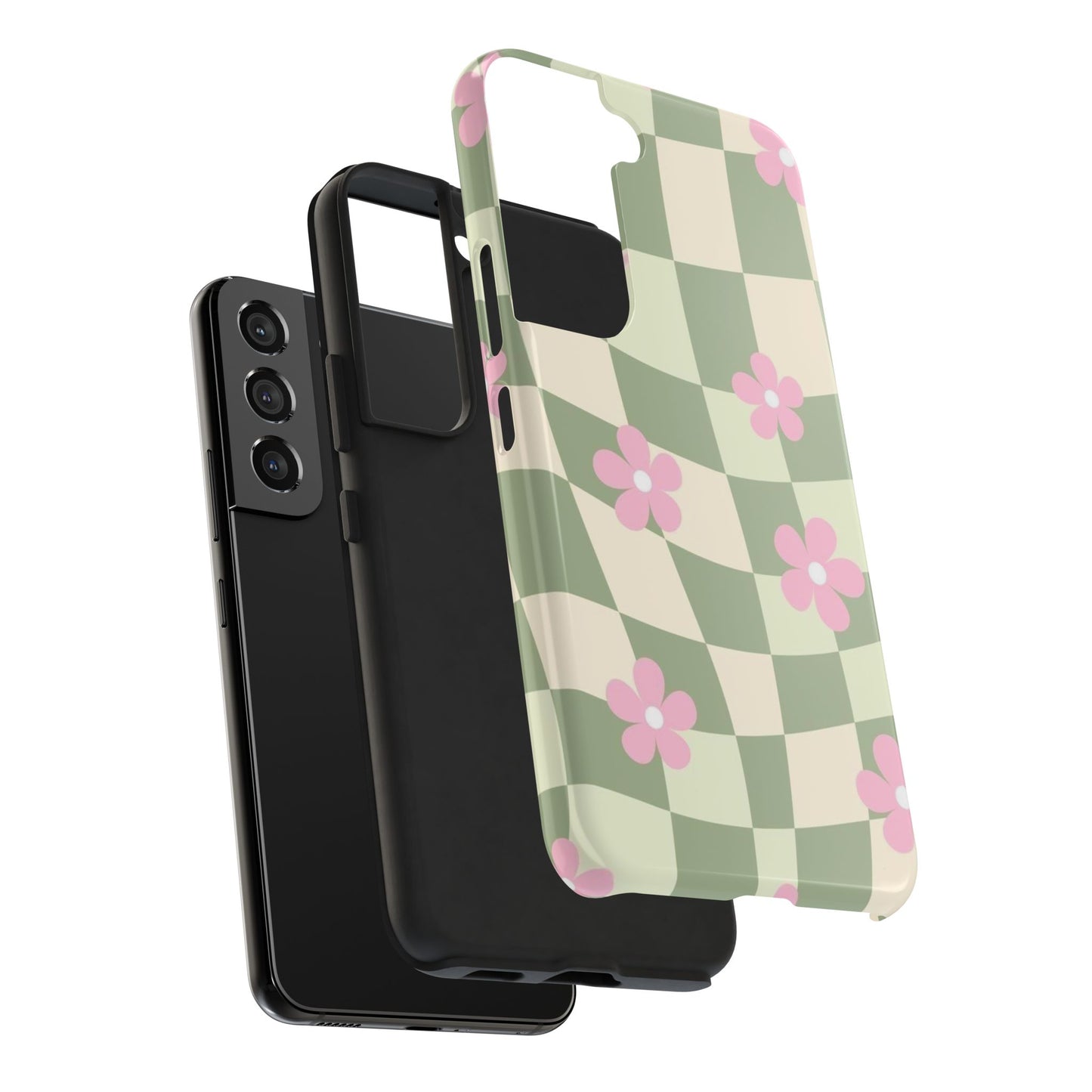 Tough Phone Case — Retro Green Checkerboard with Pink Flowers