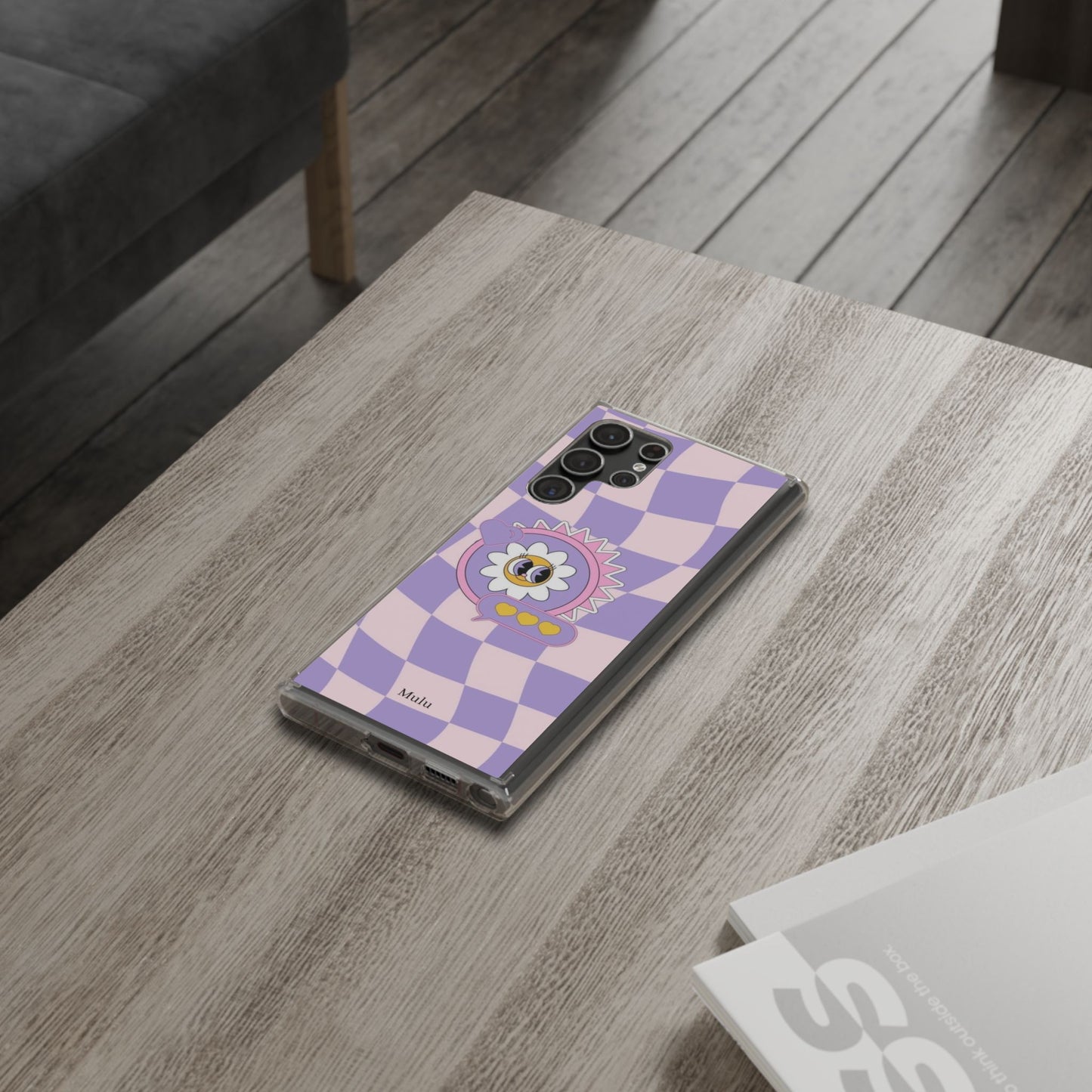Clear Impact-Resistant Case — Cute Purple Checkerboard Dino with 'Mulu'