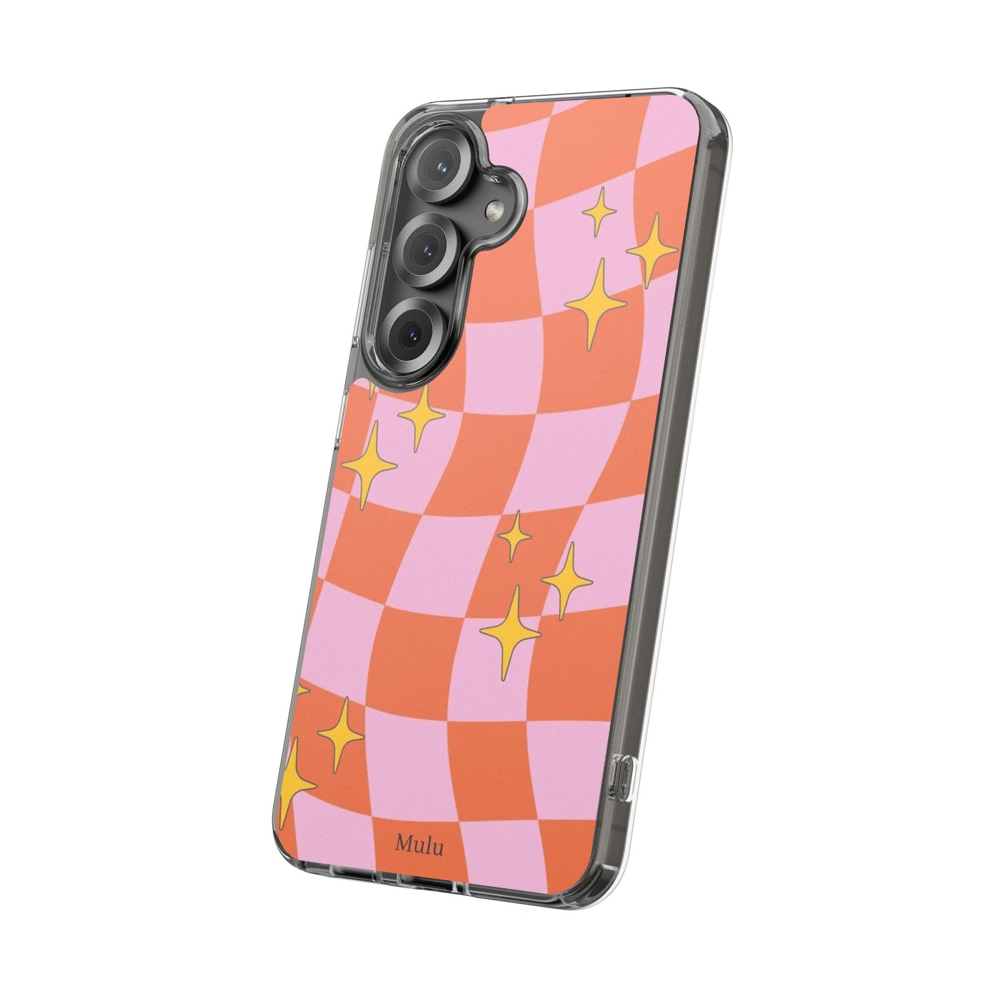 Clear Impact-Resistant Case — Retro Pink & Orange Checker with Sparkle Stars