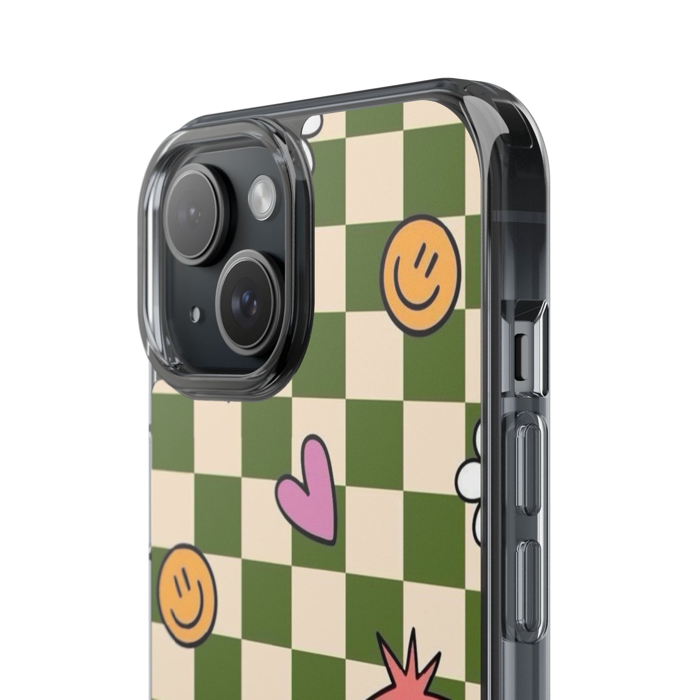 Clear Impact-Resistant Case — Retro Green Checkerboard with Smiley, Hearts & Flowers