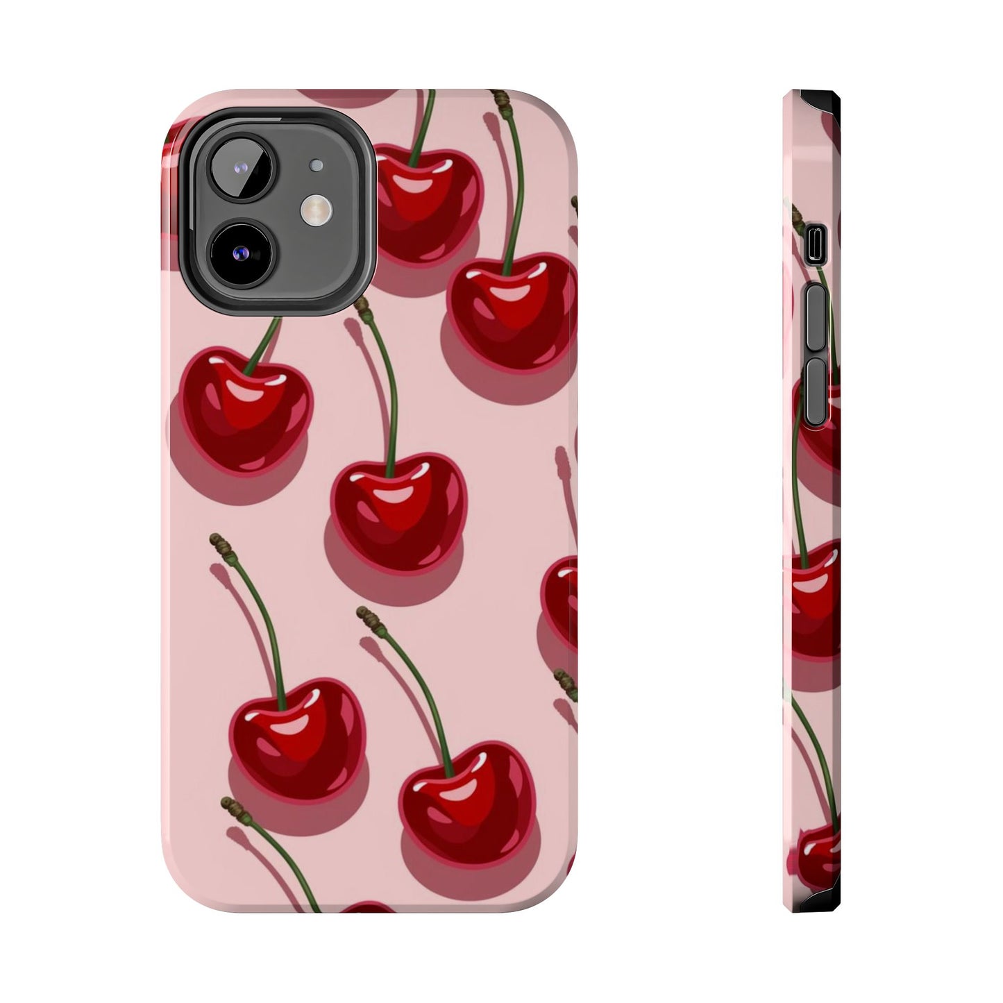 Cherry Pattern Tough Phone Case — Retro Pink Cherry Print Protective Phone Case