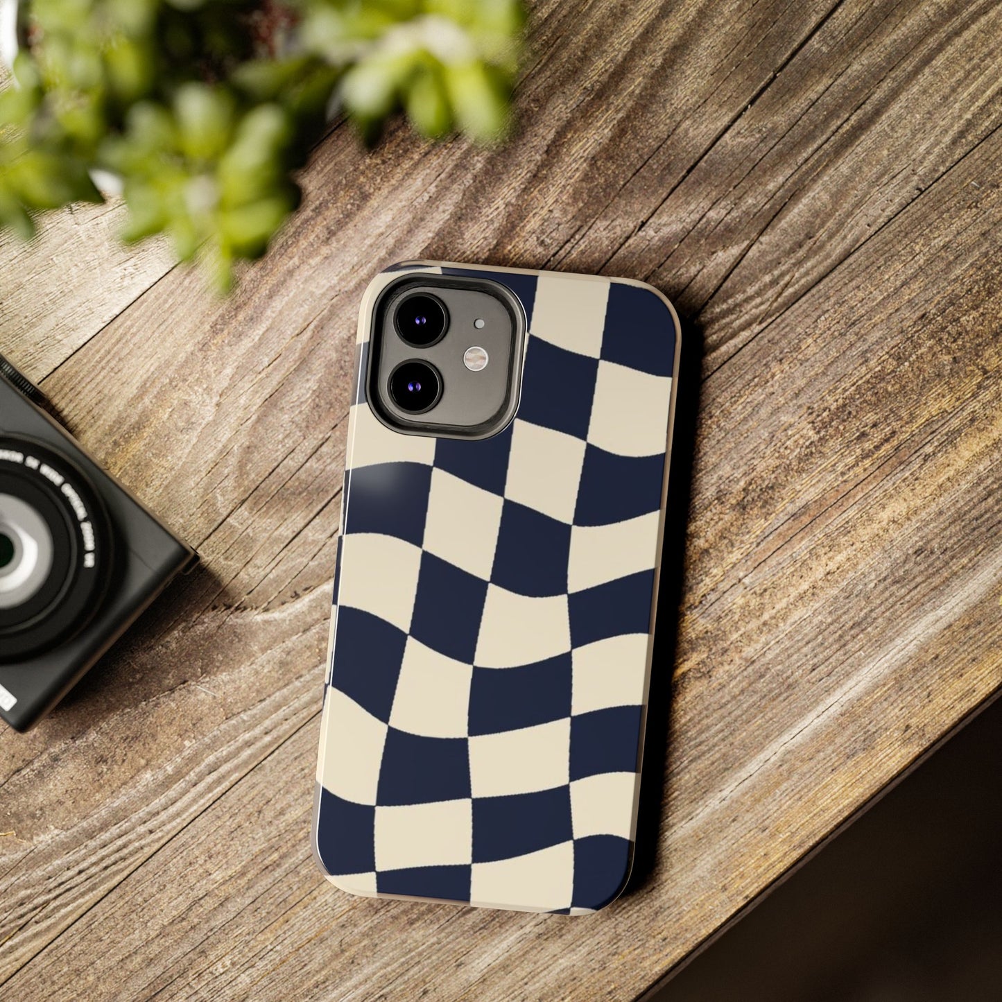 Wavy Checkerboard Tough Phone Case — Navy & Cream Protective Cover
