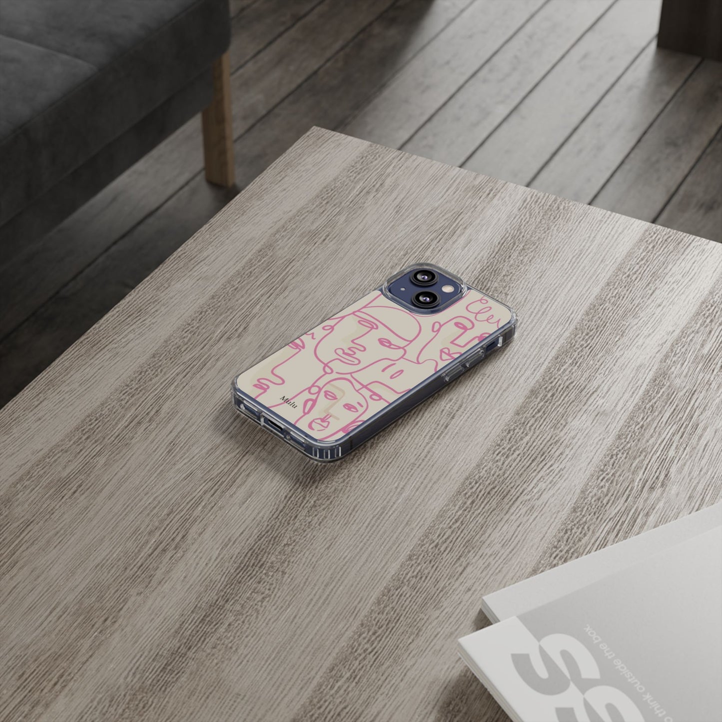 Clear Impact-Resistant Phone Case — Pink Minimalist Line Faces Design