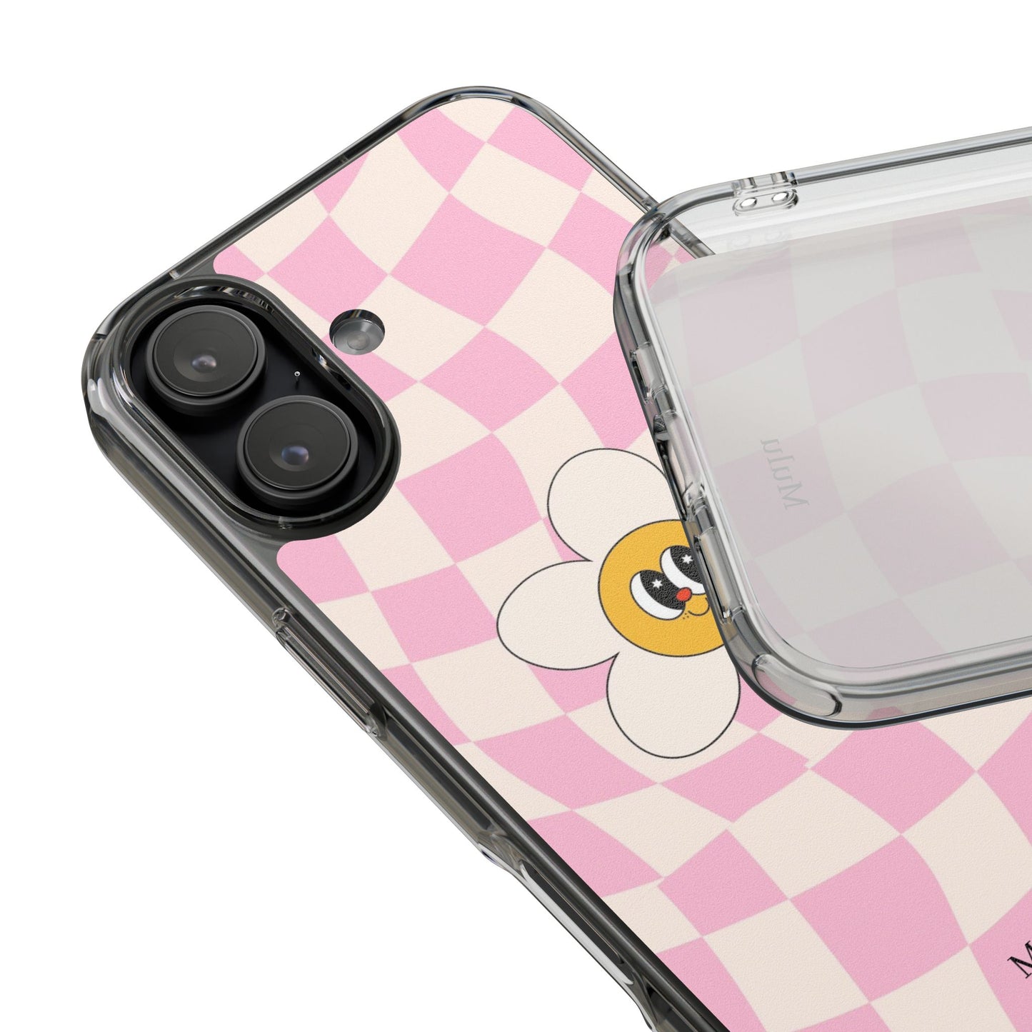 Clear Impact-Resistant Phone Case — Pink Checkerboard Daisy Design