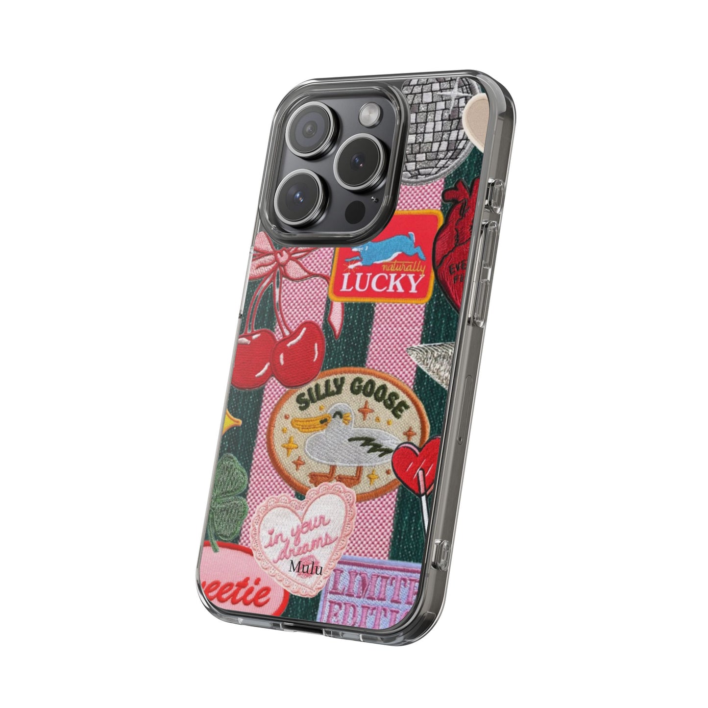 Clear Impact-Resistant Phone Case — Retro Patchwork Stickers (Lucky, Cherries, Silly Goose)