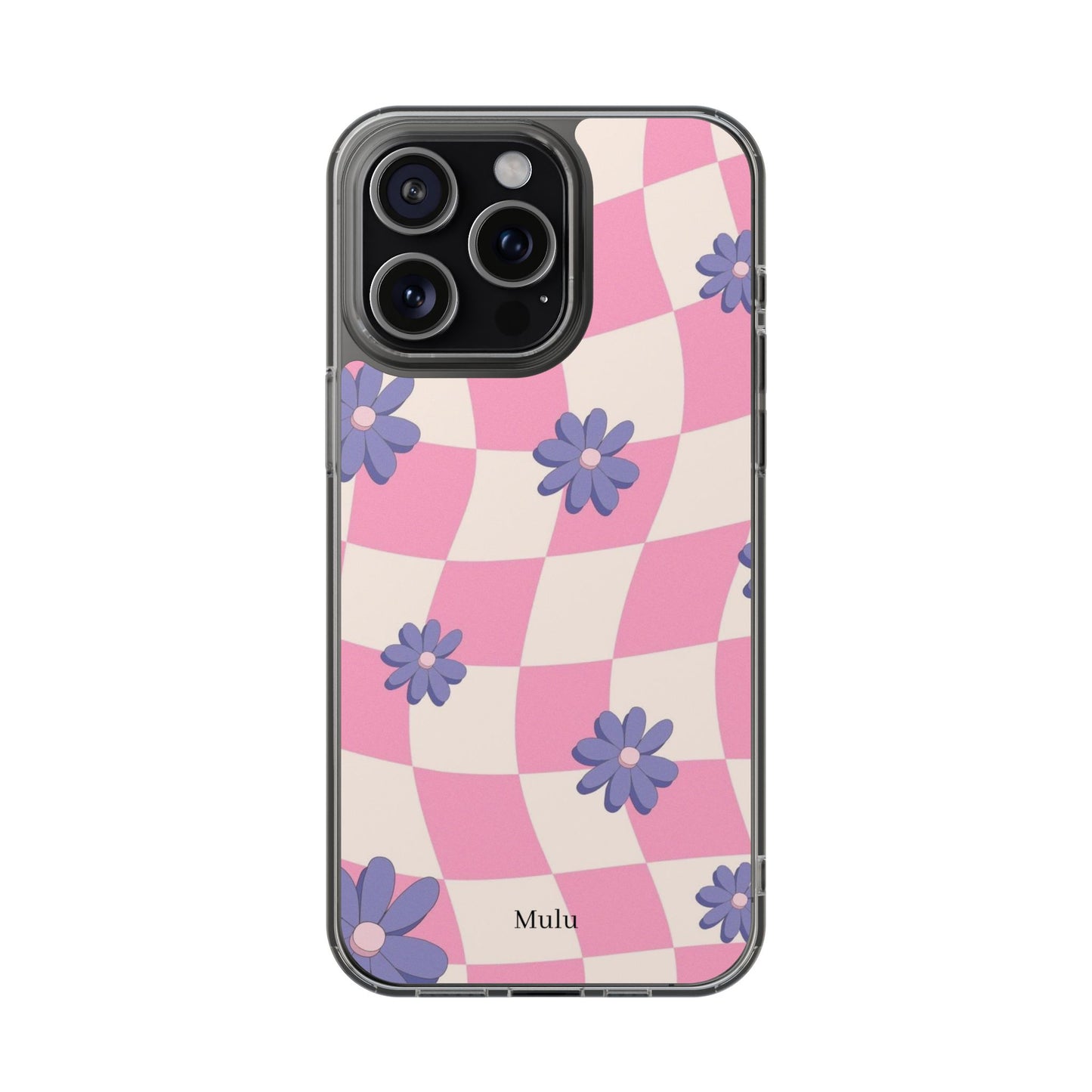 Clear Impact Phone Case — Pink Checkerboard with Purple Flowers
